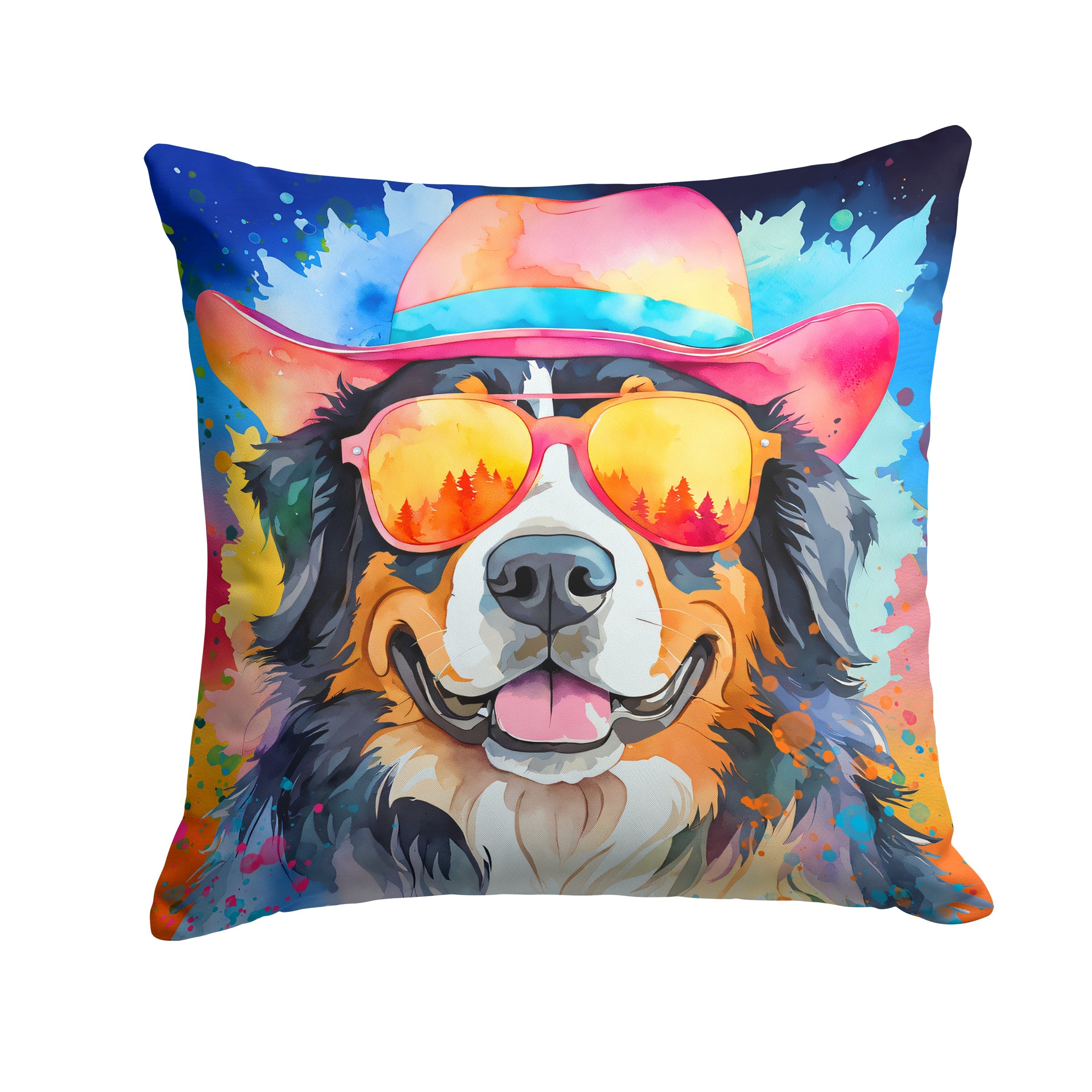 Bernese Mountain Dog Hippie Dawg Decorative Throw Pillow 14x14 Indoor Outdoor Accent Cushion, Fabric Cover with Insert for Sofa, Bed, Porch & Living Room