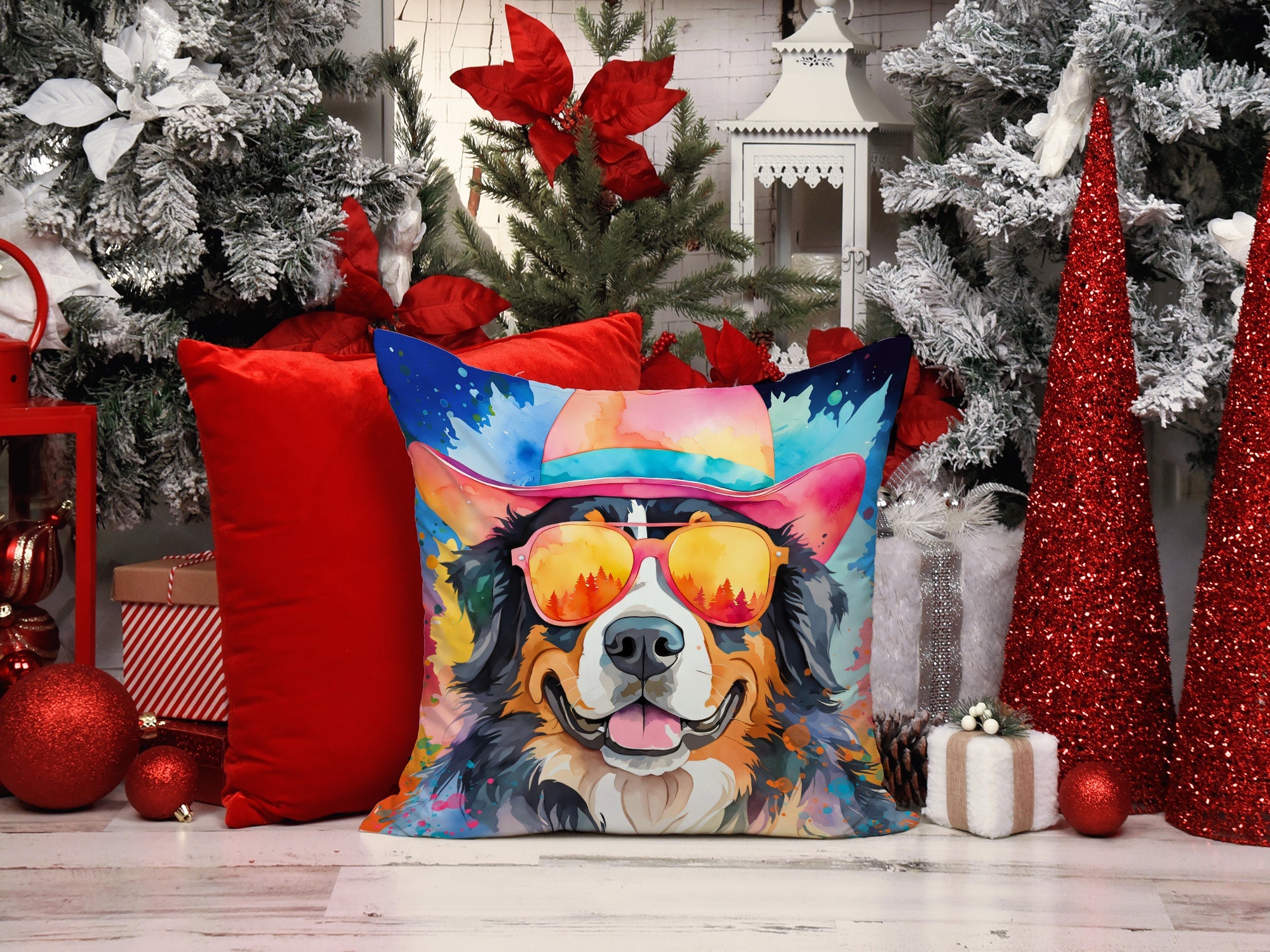 Bernese Mountain Dog Hippie Dawg Decorative Throw Pillow 14x14 Indoor Outdoor Accent Cushion, Fabric Cover with Insert for Sofa, Bed, Porch & Living Room