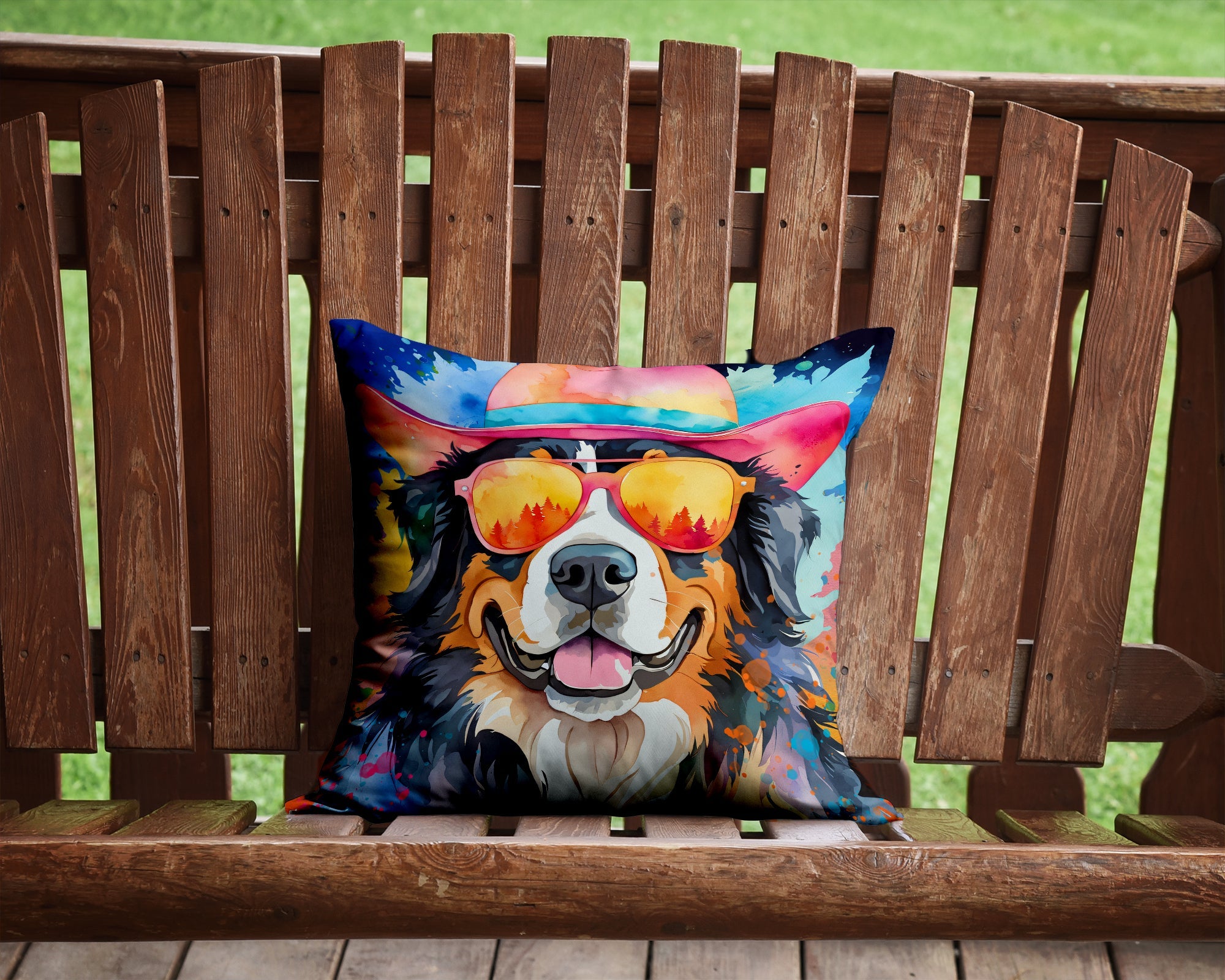 Bernese Mountain Dog Hippie Dawg Decorative Throw Pillow 14x14 Indoor Outdoor Accent Cushion, Fabric Cover with Insert for Sofa, Bed, Porch & Living Room