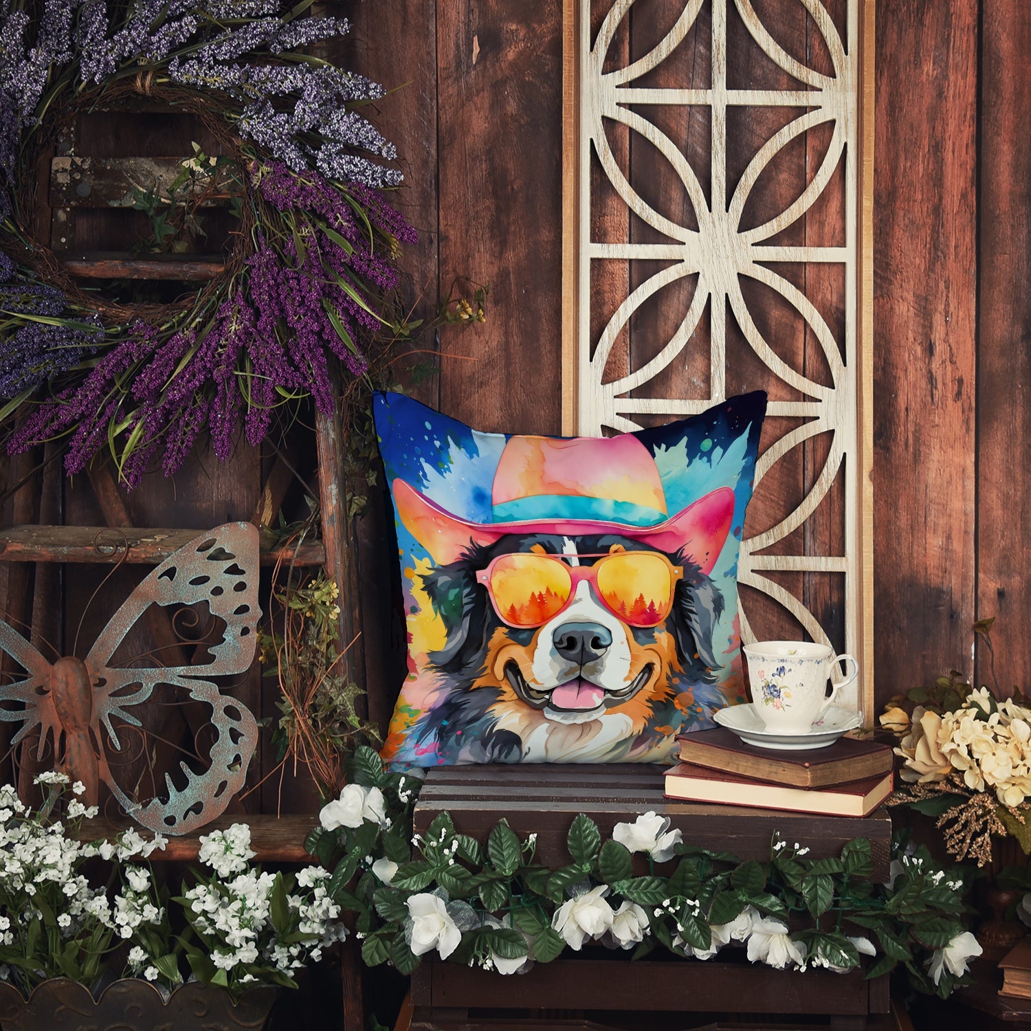 Bernese Mountain Dog Hippie Dawg Decorative Throw Pillow 18x18 Indoor Outdoor Accent Cushion, Fabric Cover with Insert for Sofa, Bed, Porch & Living Room