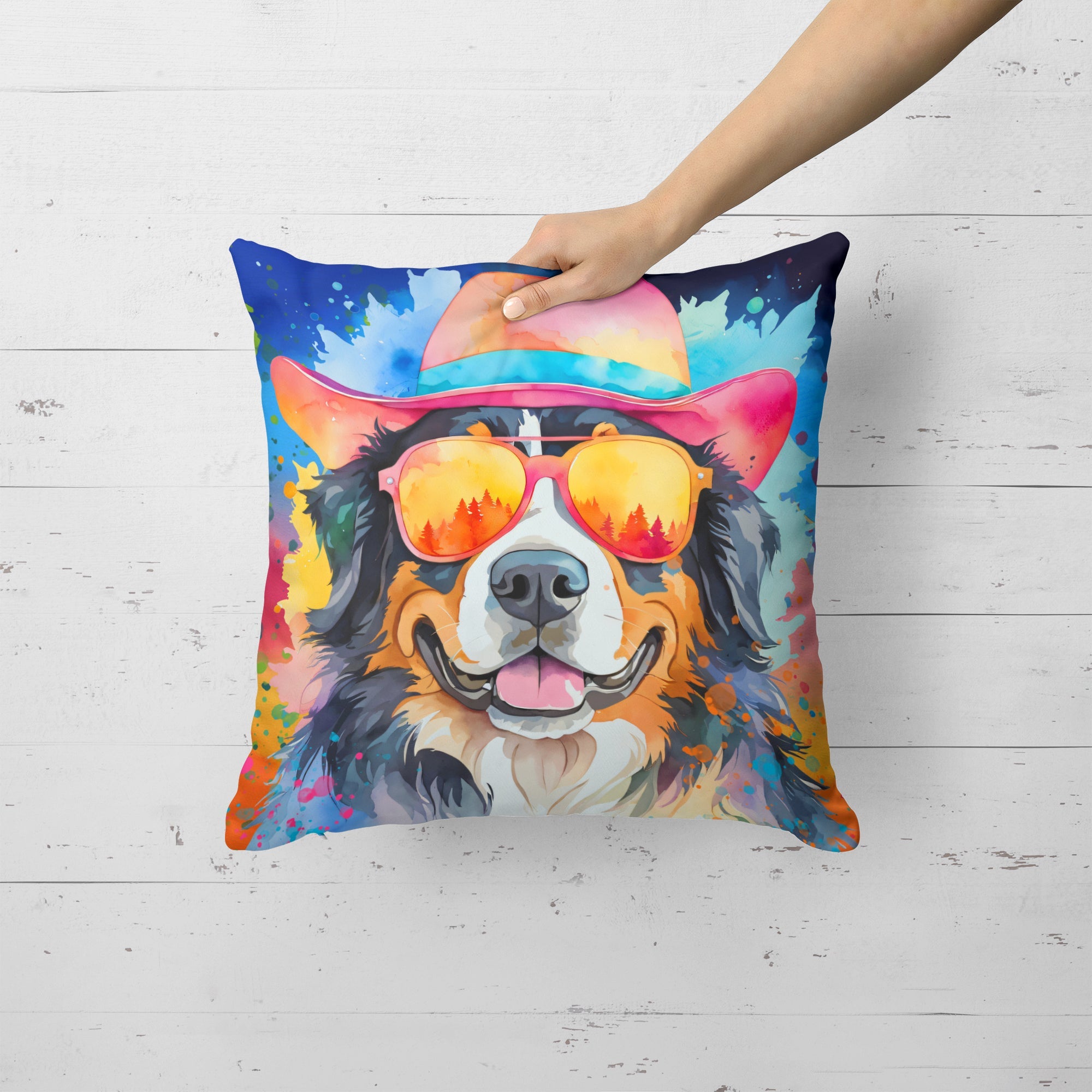 Bernese Mountain Dog Hippie Dawg Decorative Throw Pillow 18x18 Indoor Outdoor Accent Cushion, Fabric Cover with Insert for Sofa, Bed, Porch & Living Room