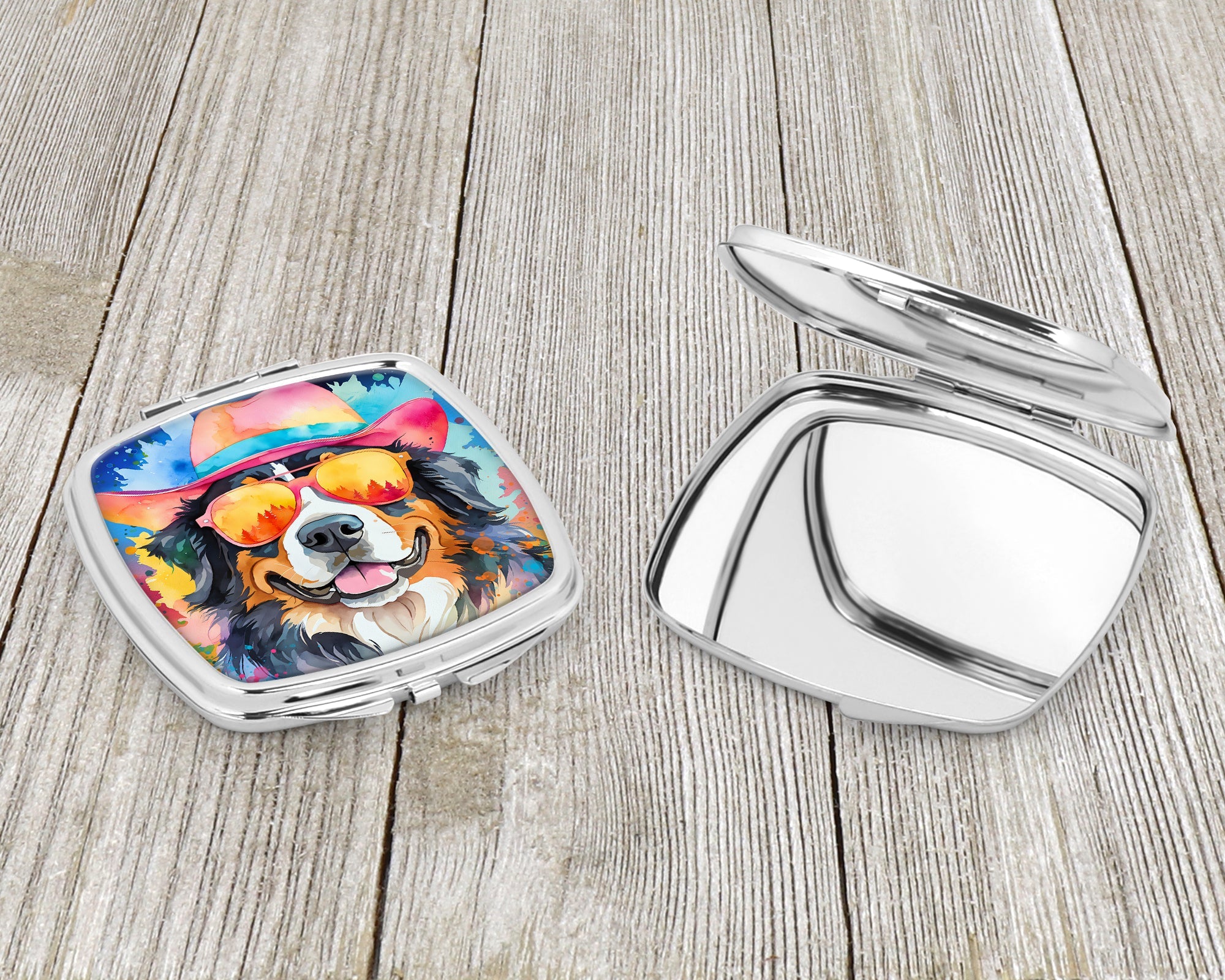 Bernese Mountain Dog Hippie Dawg Compact Mirror Decorative Travel Makeup Mirror for Women Girls Gifts Pocket Makeup Mirror Folding Handheld