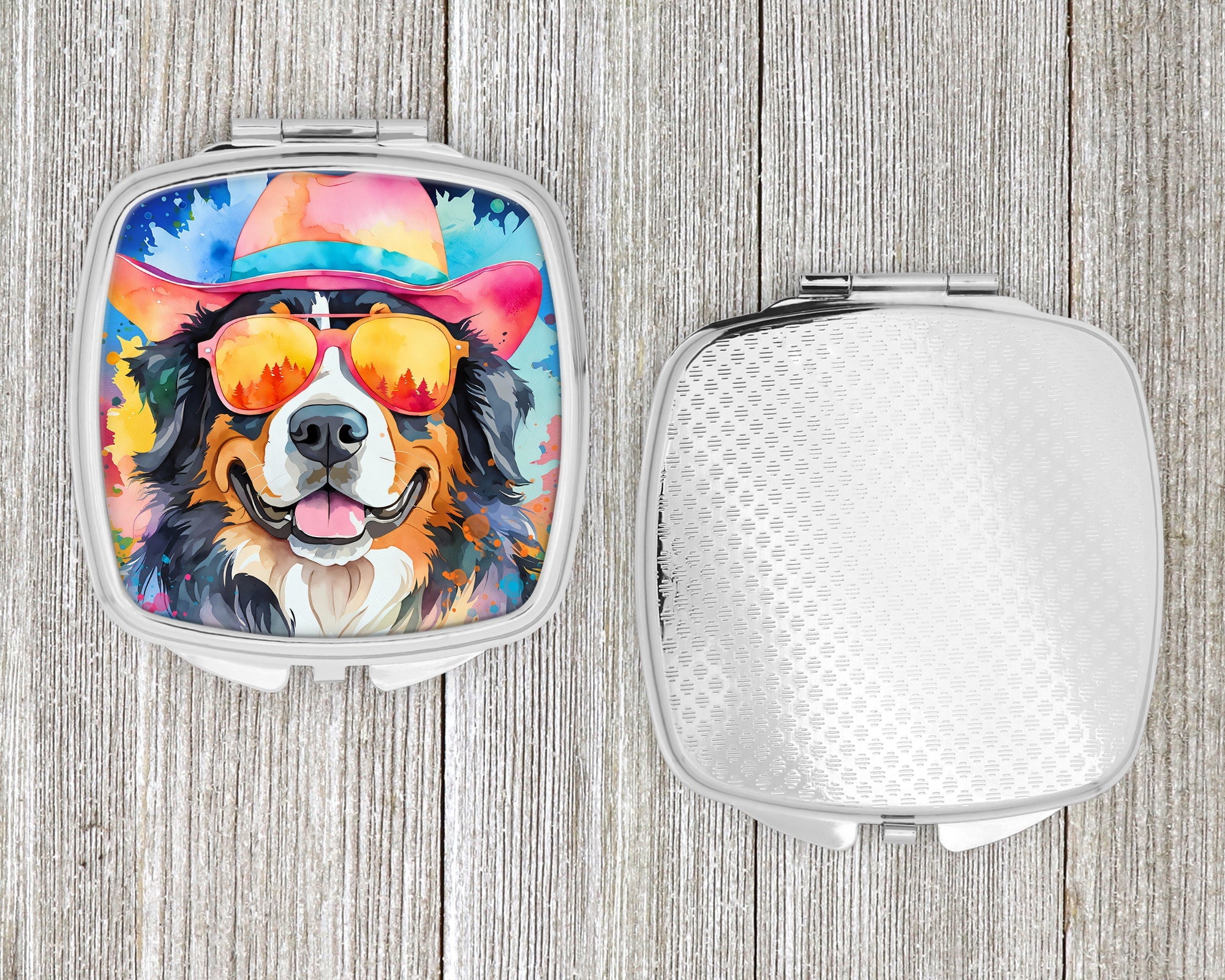Bernese Mountain Dog Hippie Dawg Compact Mirror Decorative Travel Makeup Mirror for Women Girls Gifts Pocket Makeup Mirror Folding Handheld