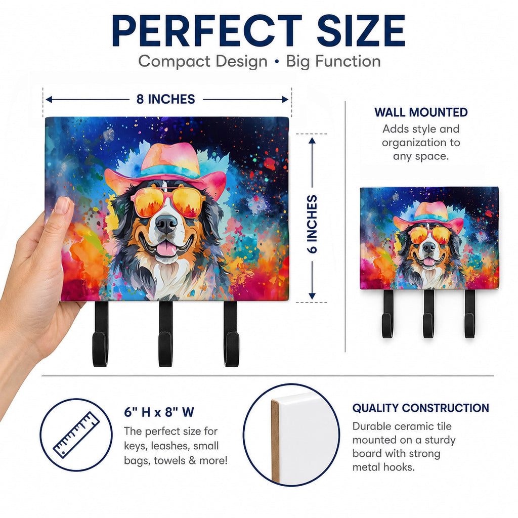 Bernese Mountain Dog Hippie Dawg Leash or Key Holder Wall Hooks, Coat Rack Wall Mount, for Hanging Keys, Towels, Aprons, Leashes