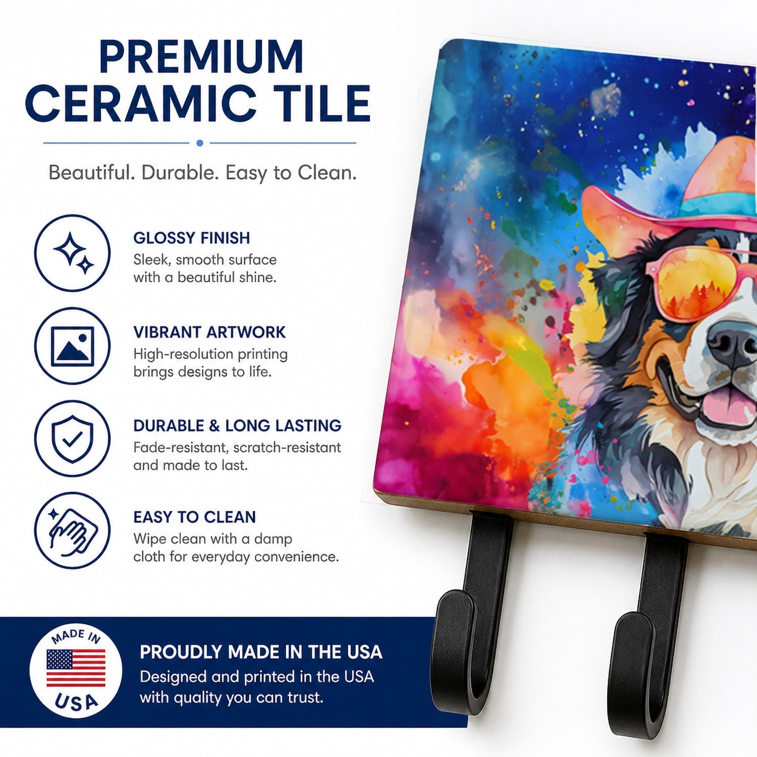 Bernese Mountain Dog Hippie Dawg Leash or Key Holder Wall Hooks, Coat Rack Wall Mount, for Hanging Keys, Towels, Aprons, Leashes