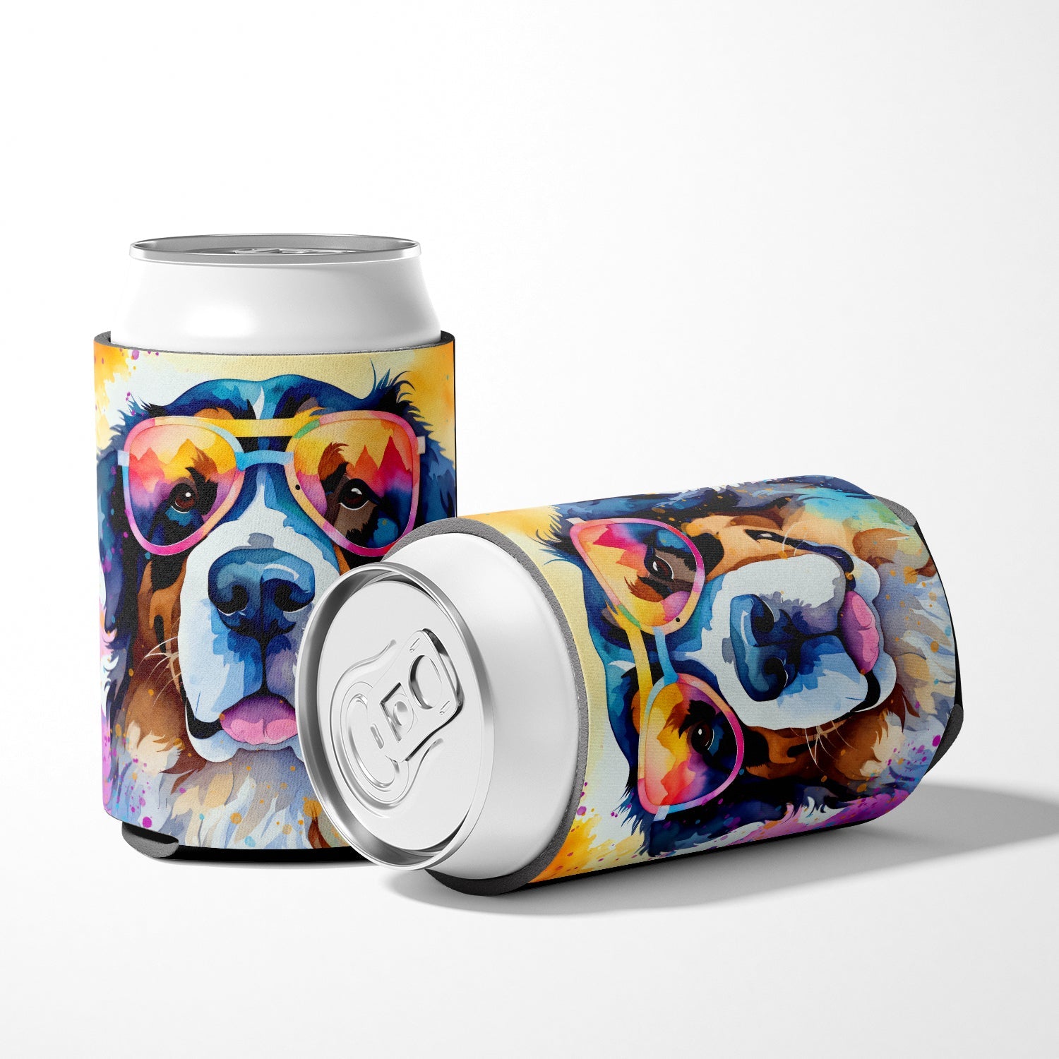 Bernese Mountain Dog Hippie Dawg Can or Bottle Hugger Cooler Sleeve for Standard 12 oz Cans, Insulated Foam Beer & Soda Can Hugger Reusable