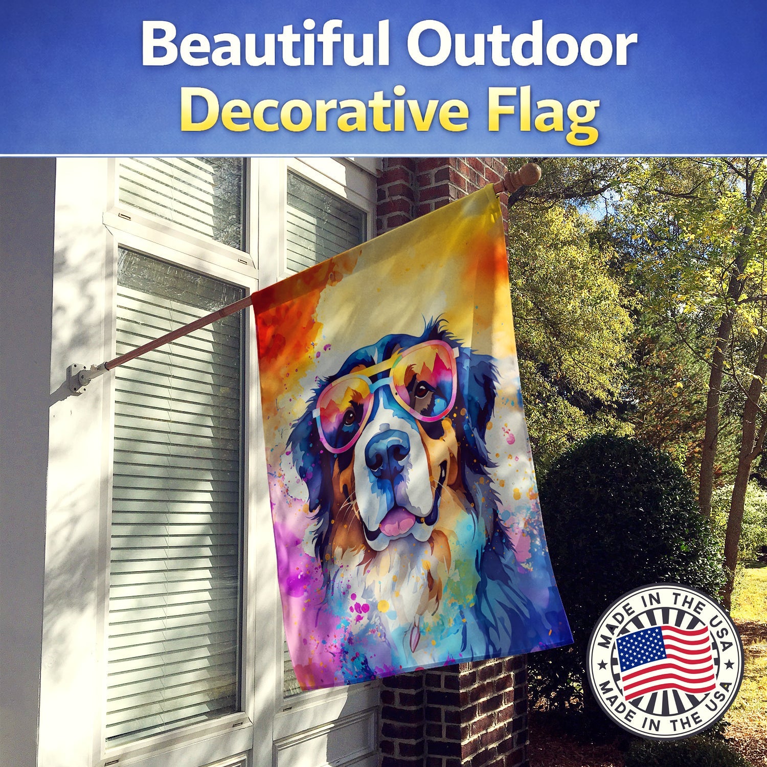 Bernese Mountain Dog Hippie Dawg House Flag 28x40 Porch Sleeve Pole Decorative Outside Yard Banner Artwork Wall Hanging, Polyester