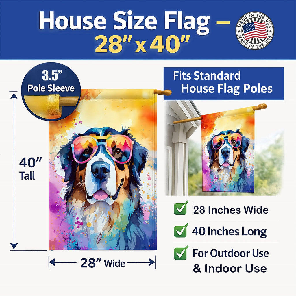 Bernese Mountain Dog Hippie Dawg House Flag 28x40 Porch Sleeve Pole Decorative Outside Yard Banner Artwork Wall Hanging, Polyester