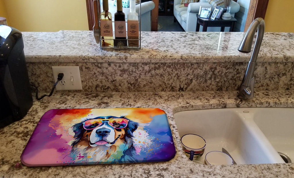 Bernese Mountain Dog Hippie Dawg Dish Drying Mat Absorbent Dish Drying Mat Pad for Kitchen Counter Dish Drainer Mat for Countertop, 14 x 21", Multicolor