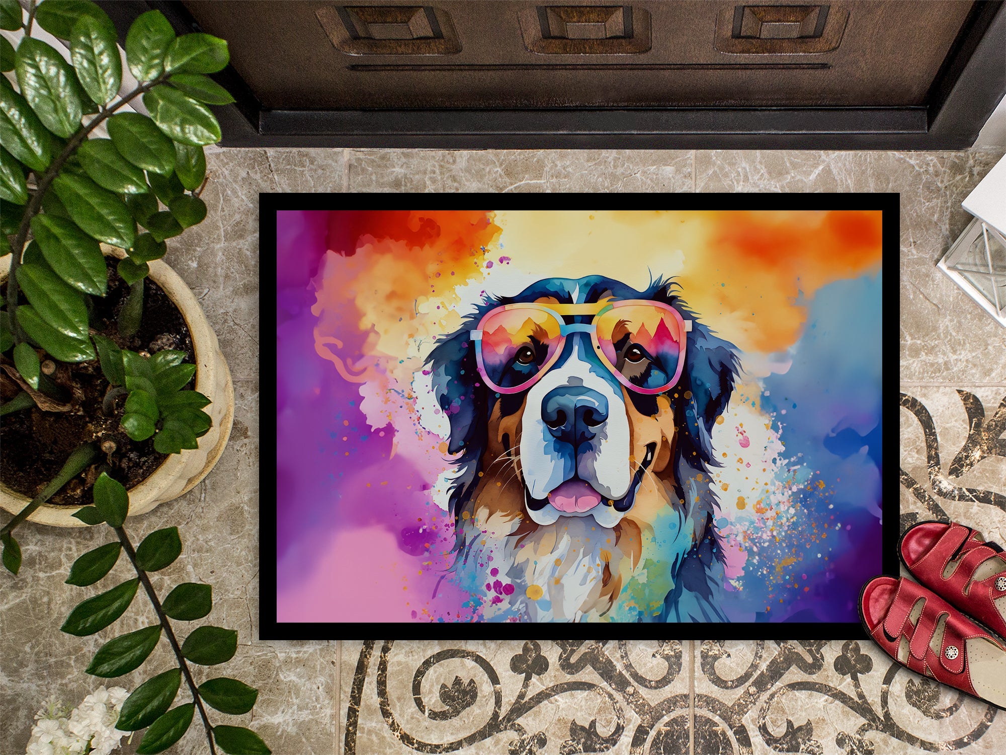 Bernese Mountain Dog Hippie Dawg Doormat Indoor Outdoor 24H X 36W Front Door Mat Rugs for Entryway, Non Slip Washable Low Pile,