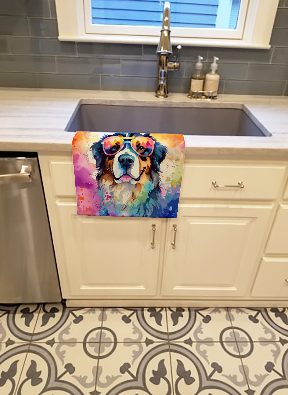 Bernese Mountain Dog Hippie Dawg Kitchen Towel Velour Plush Front and Cotton Loop Back Machine Washable