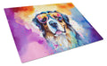 Bernese Mountain Dog Hippie Dawg Cutting Board Tempered Glass Kitchen Cutting Surface, Heat Resistant Chopping, Non-Slip Feet, Food Prep & Serving