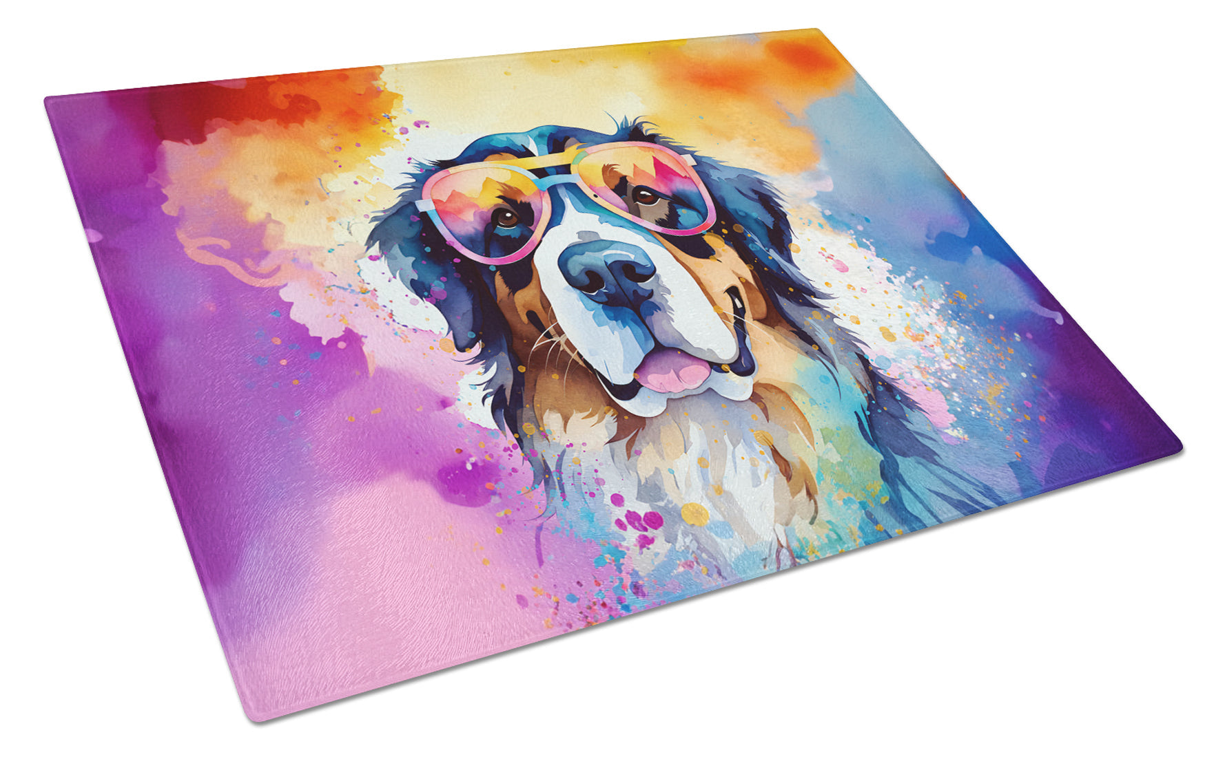 Bernese Mountain Dog Hippie Dawg Cutting Board Tempered Glass Kitchen Cutting Surface, Heat Resistant Chopping, Non-Slip Feet, Food Prep & Serving