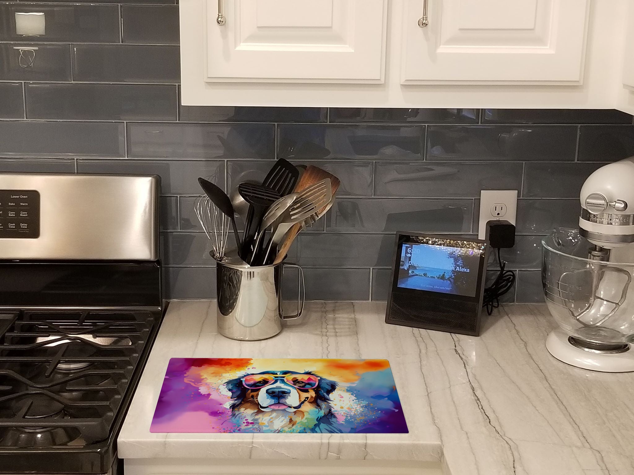 Bernese Mountain Dog Hippie Dawg Cutting Board Tempered Glass Kitchen Cutting Surface, Heat Resistant Chopping, Non-Slip Feet, Food Prep & Serving