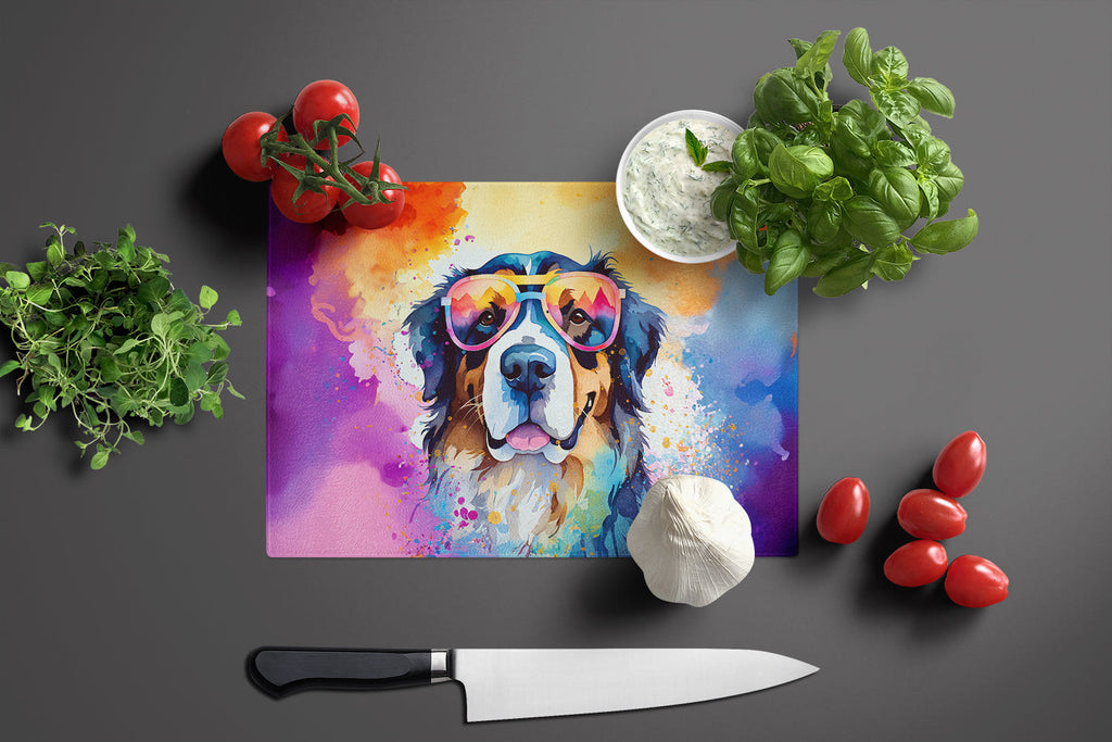 Bernese Mountain Dog Hippie Dawg Cutting Board Tempered Glass Kitchen Cutting Surface, Heat Resistant Chopping, Non-Slip Feet, Food Prep & Serving