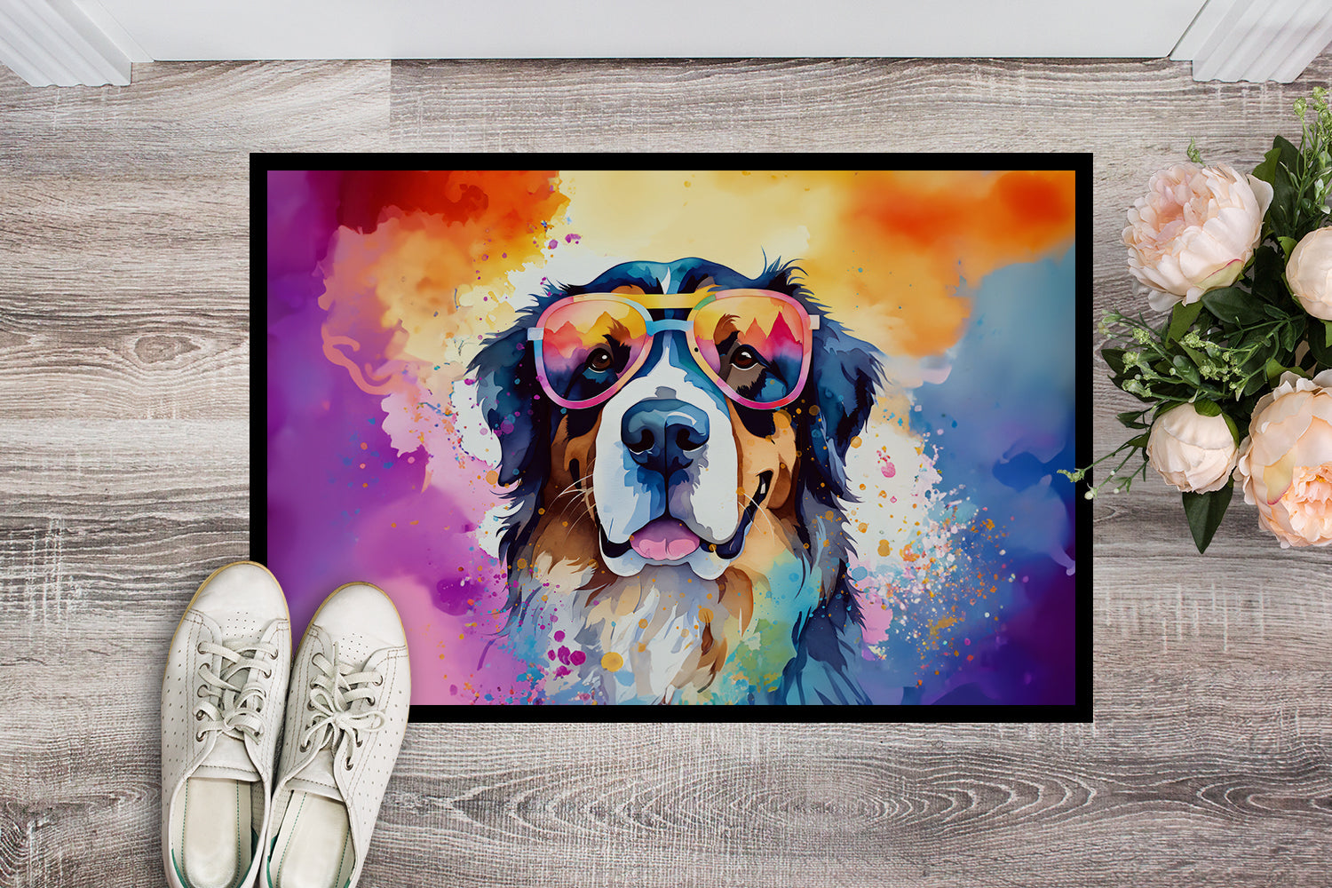Bernese Mountain Dog Hippie Dawg Doormat Indoor Outdoor 18H X 27W Front Door Mat Rugs for Entryway, Non Slip Washable