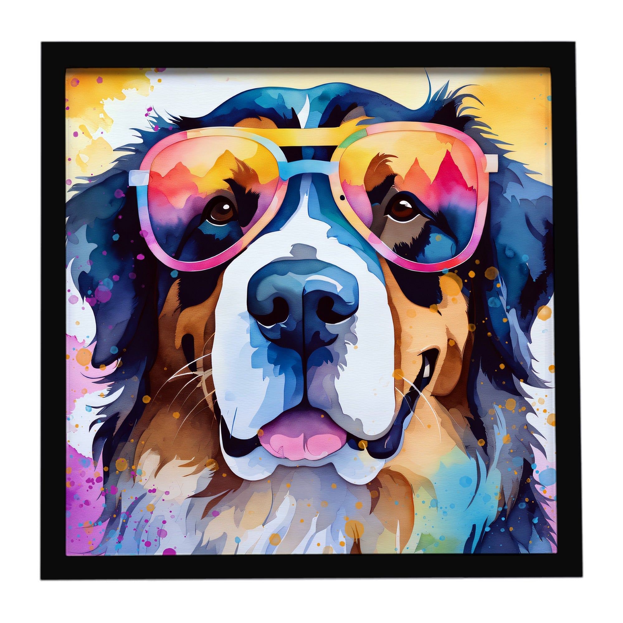 Bernese Mountain Dog Hippie Dawg Framed Metal Print Bathroom, Kitchen, Office, Home Decor Wall Art Ready to Hang, Square, 8X8