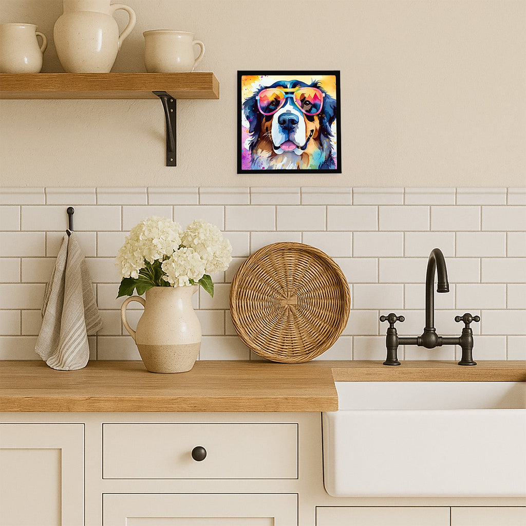 Bernese Mountain Dog Hippie Dawg Framed Metal Print Bathroom, Kitchen, Office, Home Decor Wall Art Ready to Hang, Square, 8X8