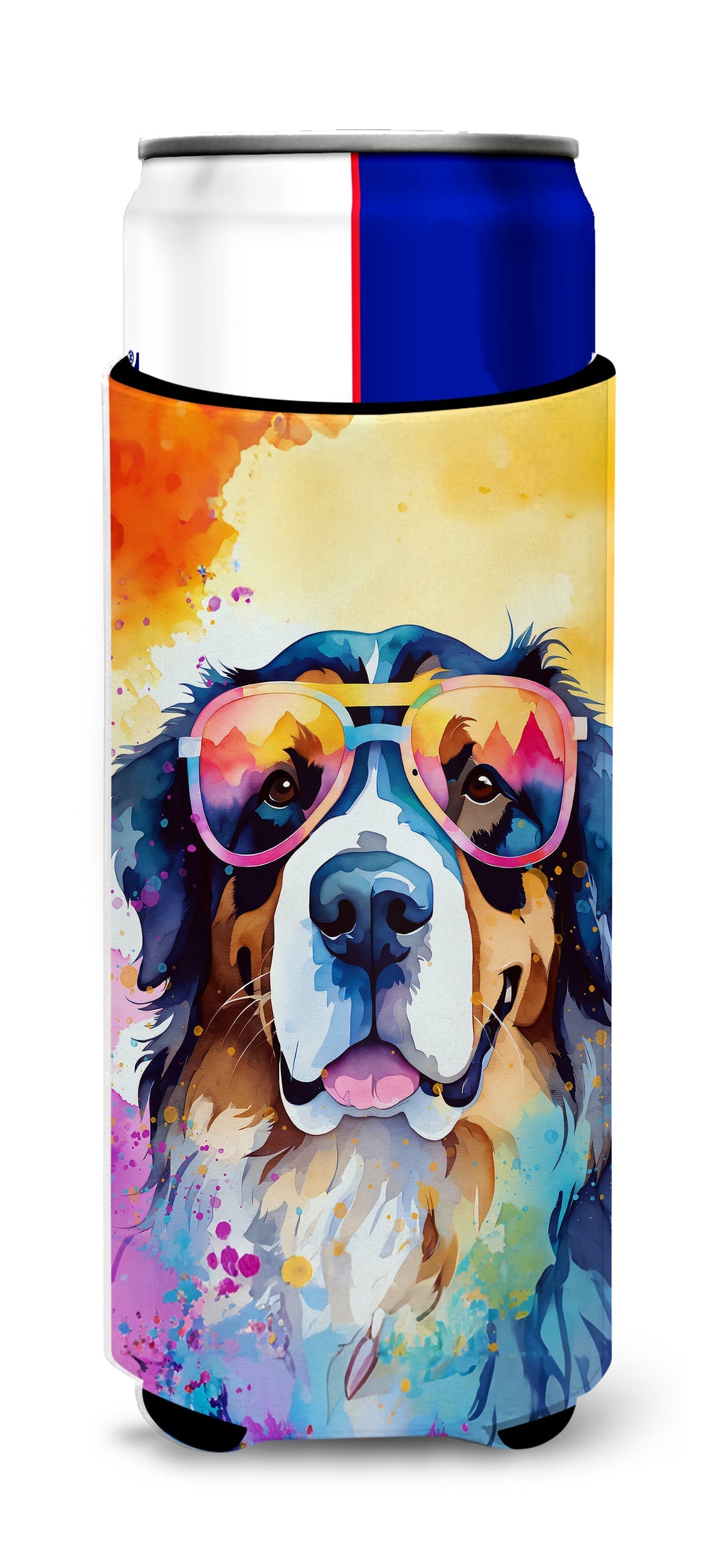 Bernese Mountain Dog Hippie Dawg Slim Can Hugger , Insulated Foam Hugger for 12 oz Slim Cans, Beer Bottles & Water Bottles, Printed in USA