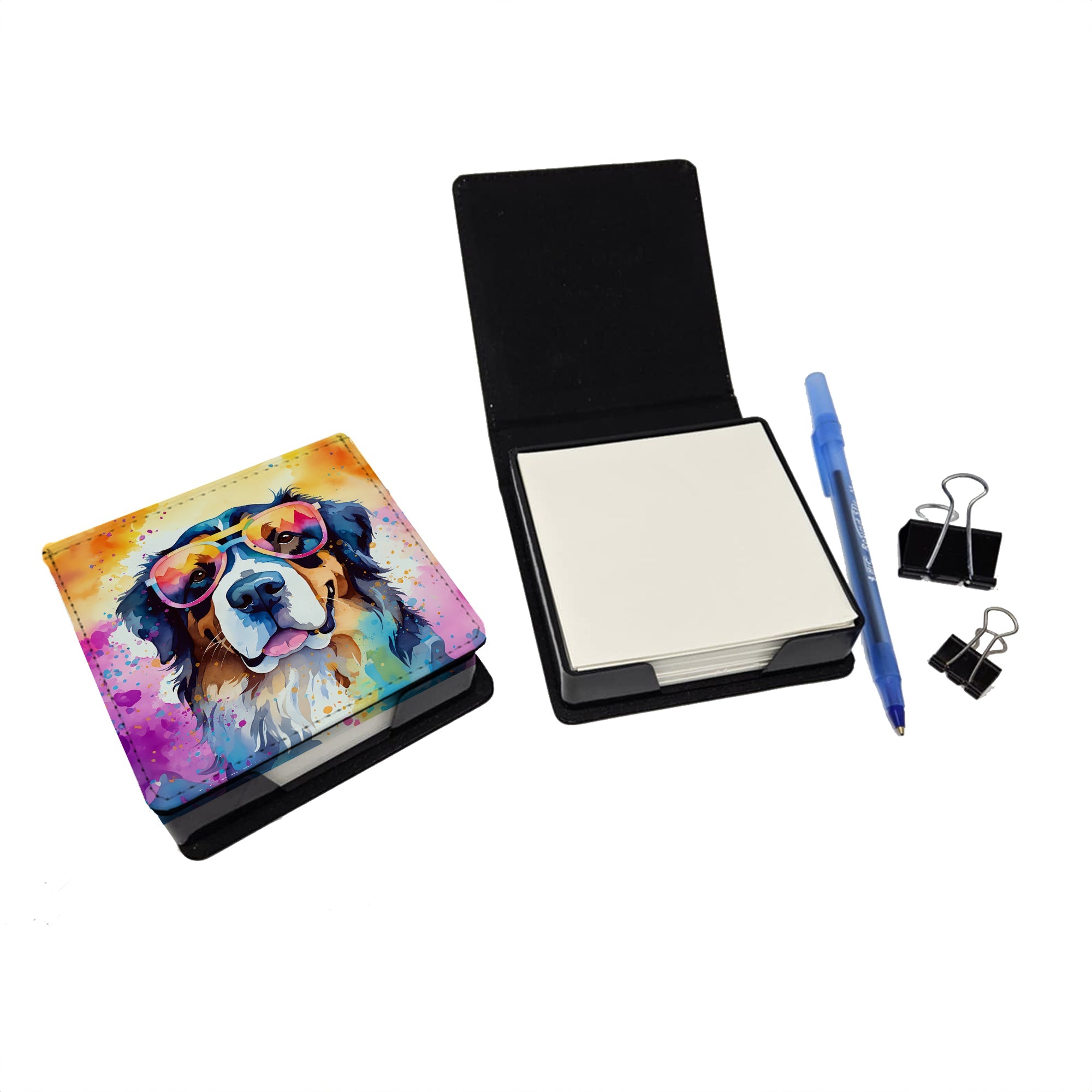 Bernese Mountain Dog Hippie Dawg PU Leather Note Paper Holder with Artist-Designed Cover, Desk Accessory, Office Gift