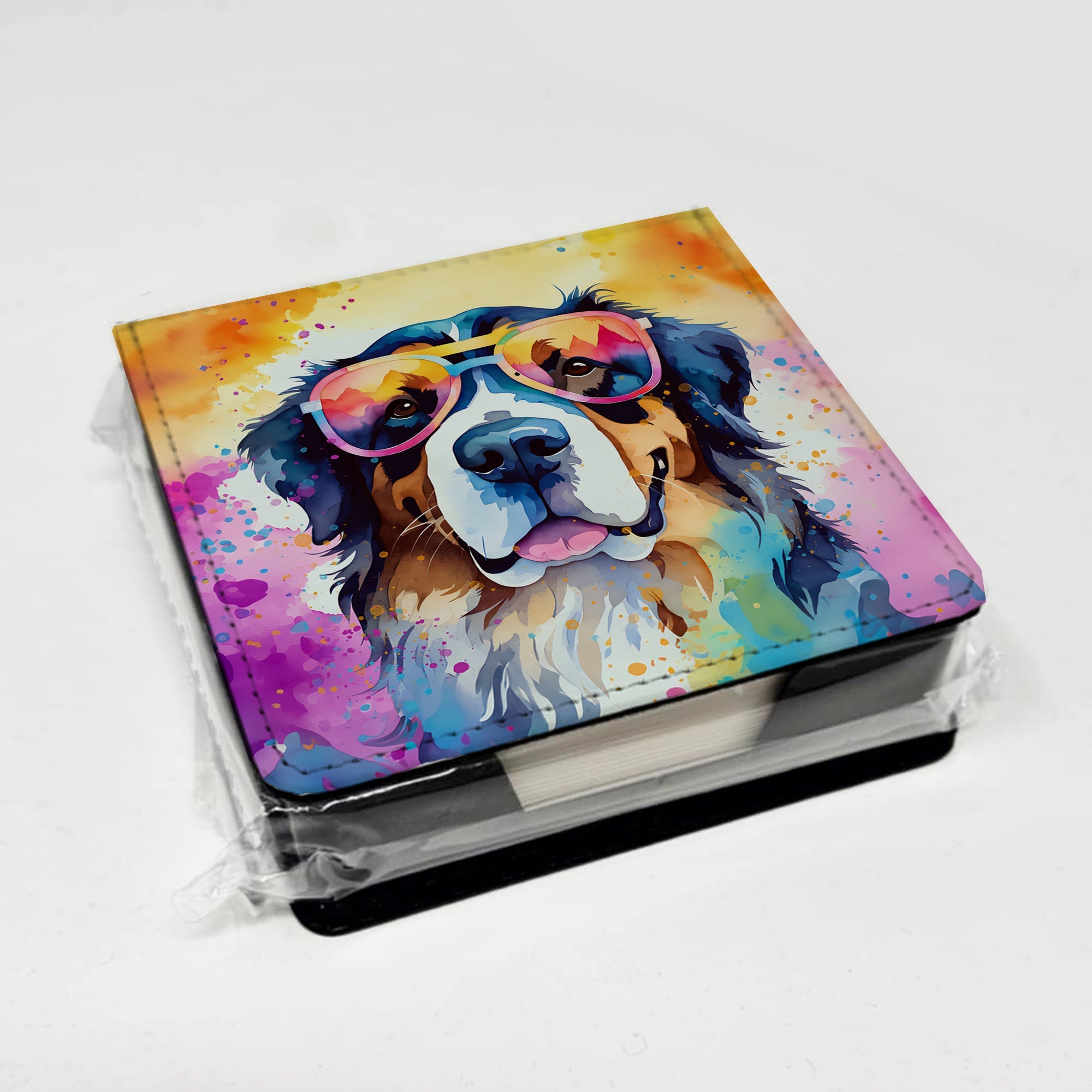 Bernese Mountain Dog Hippie Dawg PU Leather Note Paper Holder with Artist-Designed Cover, Desk Accessory, Office Gift