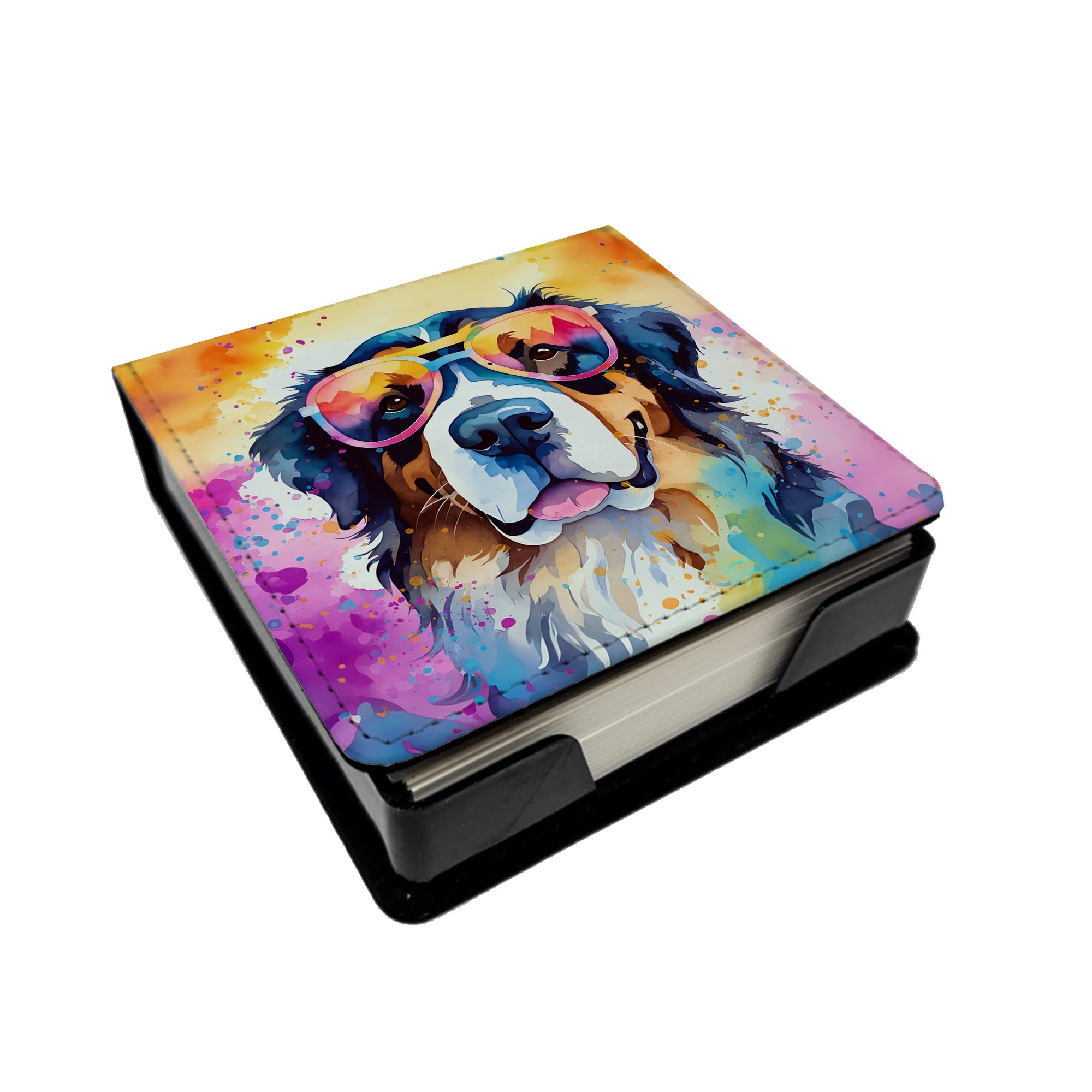Bernese Mountain Dog Hippie Dawg PU Leather Note Paper Holder with Artist-Designed Cover, Desk Accessory, Office Gift