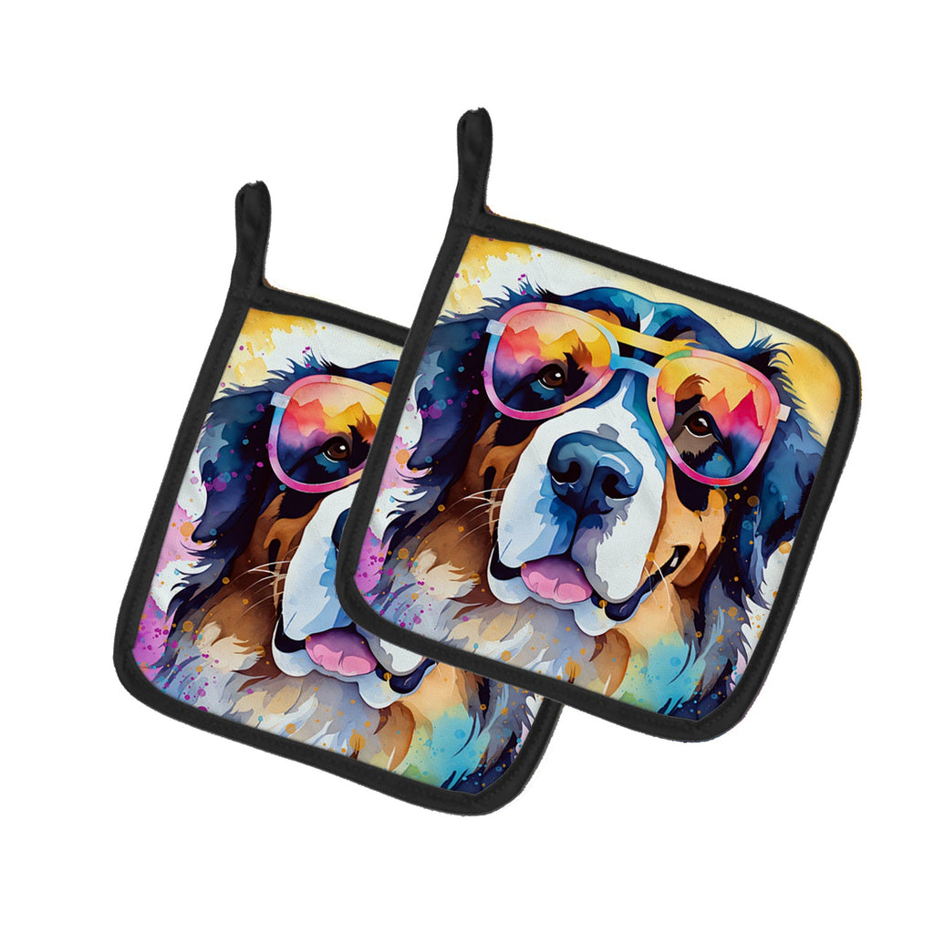 Bernese Mountain Dog Hippie Dawg Pot Holder Set of 2 Heat Resistant Quilted Hot Pads 7.5 x 7.5 Inch, Insulated Kitchen Trivets for Cooking & Baking