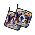 Bernese Mountain Dog Hippie Dawg Pot Holder Set of 2 Heat Resistant Quilted Hot Pads 7.5 x 7.5 Inch, Insulated Kitchen Trivets for Cooking & Baking
