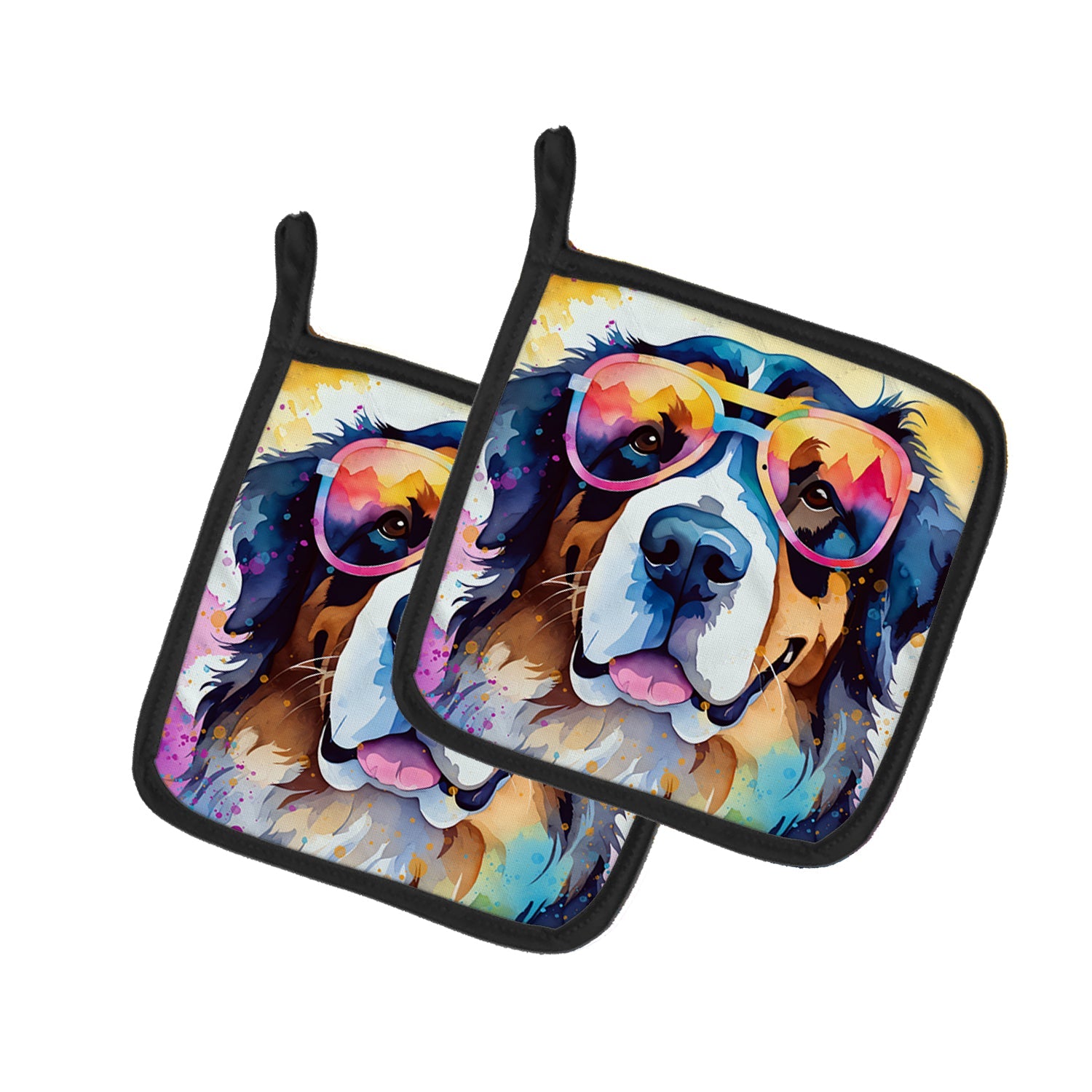Bernese Mountain Dog Hippie Dawg Pot Holder Set of 2 Heat Resistant Quilted Hot Pads 7.5 x 7.5 Inch, Insulated Kitchen Trivets for Cooking & Baking