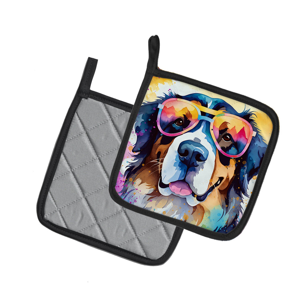 Bernese Mountain Dog Hippie Dawg Pot Holder Set of 2 Heat Resistant Quilted Hot Pads 7.5 x 7.5 Inch, Insulated Kitchen Trivets for Cooking & Baking