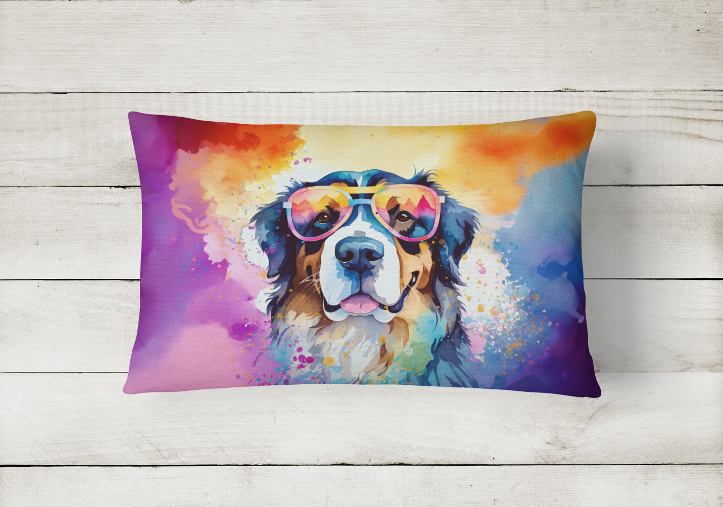 Bernese Mountain Dog Hippie Dawg Decorative Throw Pillow 12x16 Indoor Outdoor Accent Cushion, Fabric Cover with Insert for Sofa, Bed, Porch & Living Room