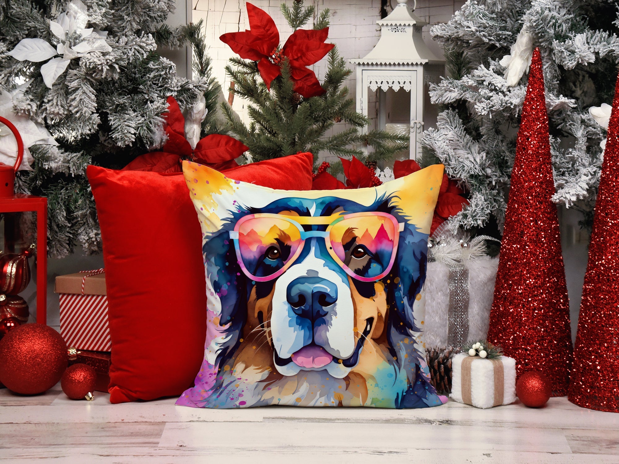 Bernese Mountain Dog Hippie Dawg Decorative Throw Pillow 14x14 Indoor Outdoor Accent Cushion, Fabric Cover with Insert for Sofa, Bed, Porch & Living Room