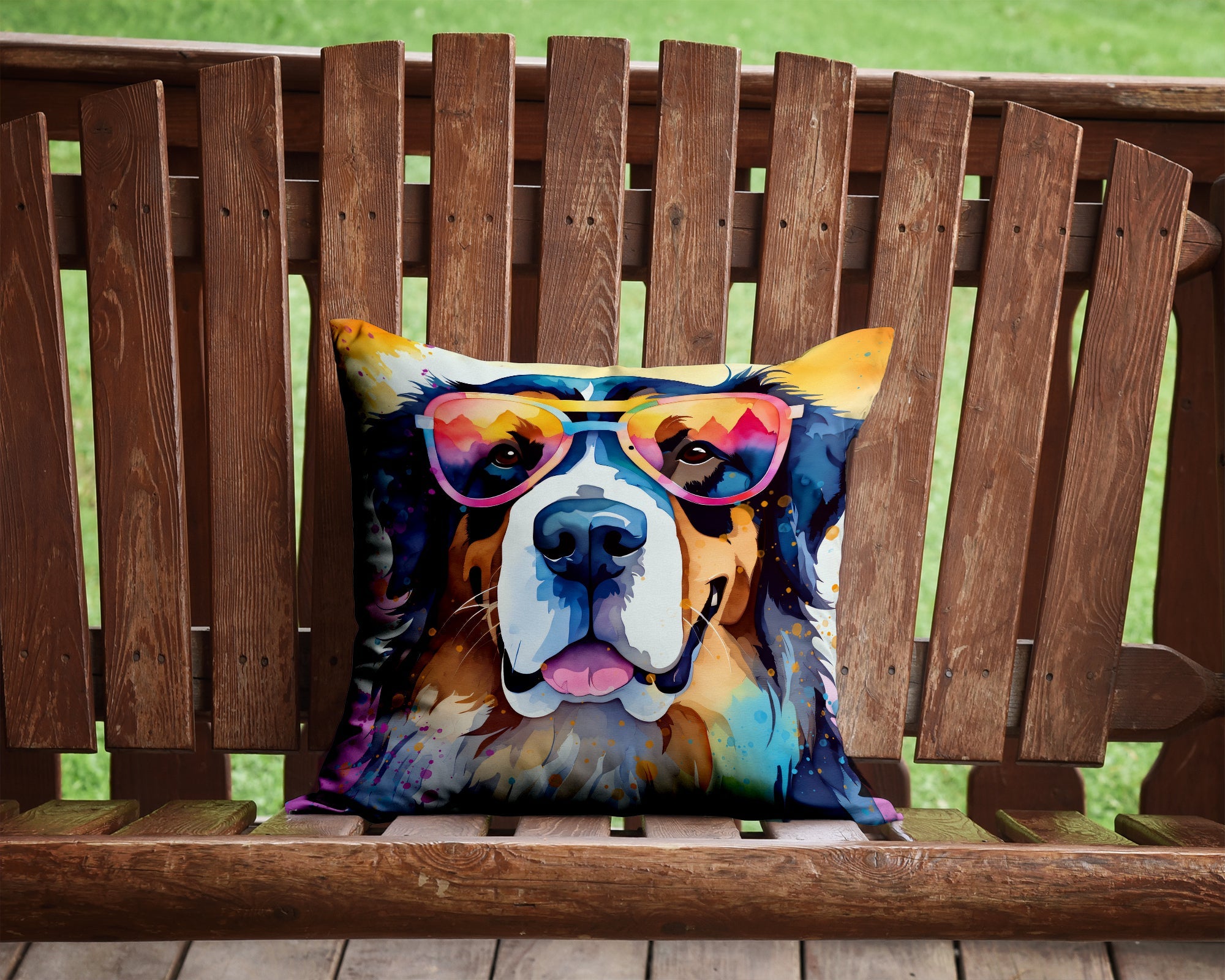 Bernese Mountain Dog Hippie Dawg Decorative Throw Pillow 14x14 Indoor Outdoor Accent Cushion, Fabric Cover with Insert for Sofa, Bed, Porch & Living Room