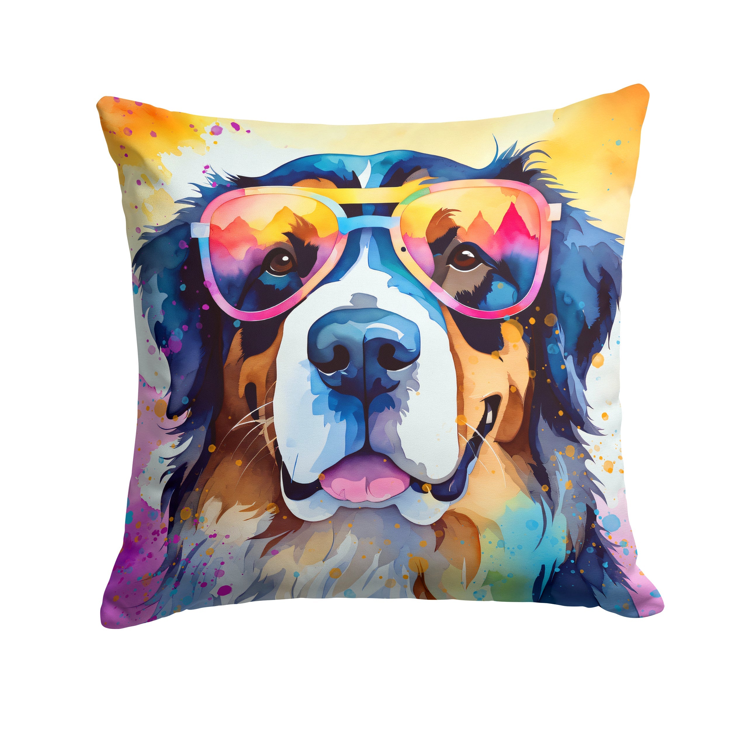 Bernese Mountain Dog Hippie Dawg Decorative Throw Pillow 18x18 Indoor Outdoor Accent Cushion, Fabric Cover with Insert for Sofa, Bed, Porch & Living Room