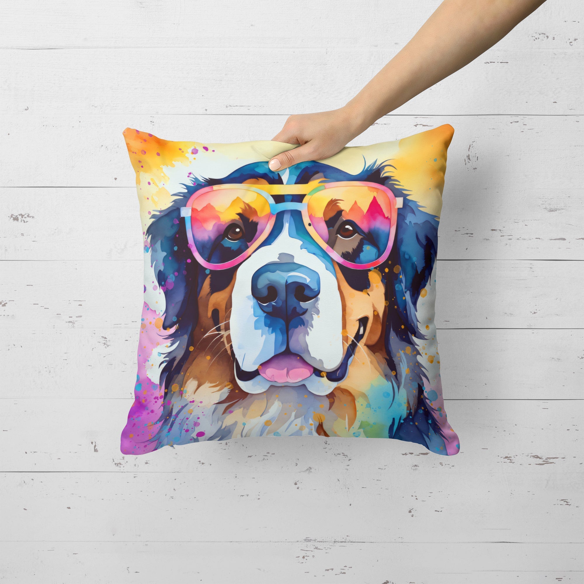 Bernese Mountain Dog Hippie Dawg Decorative Throw Pillow 18x18 Indoor Outdoor Accent Cushion, Fabric Cover with Insert for Sofa, Bed, Porch & Living Room