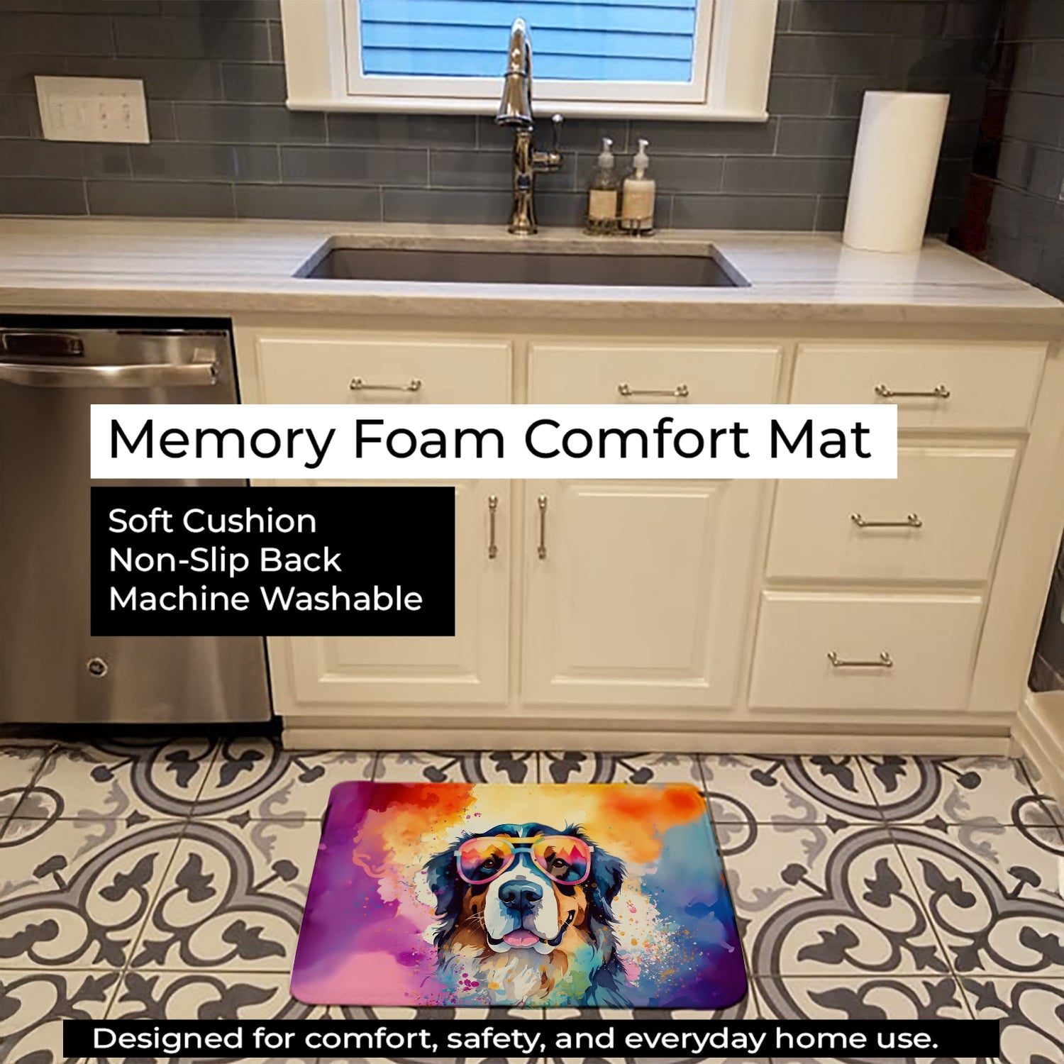 Bernese Mountain Dog Hippie Dawg Memory Foam Kitchen Mat Machine Washable Anti-Fatigue Cushion Comfort Bath or Kitchen Rug