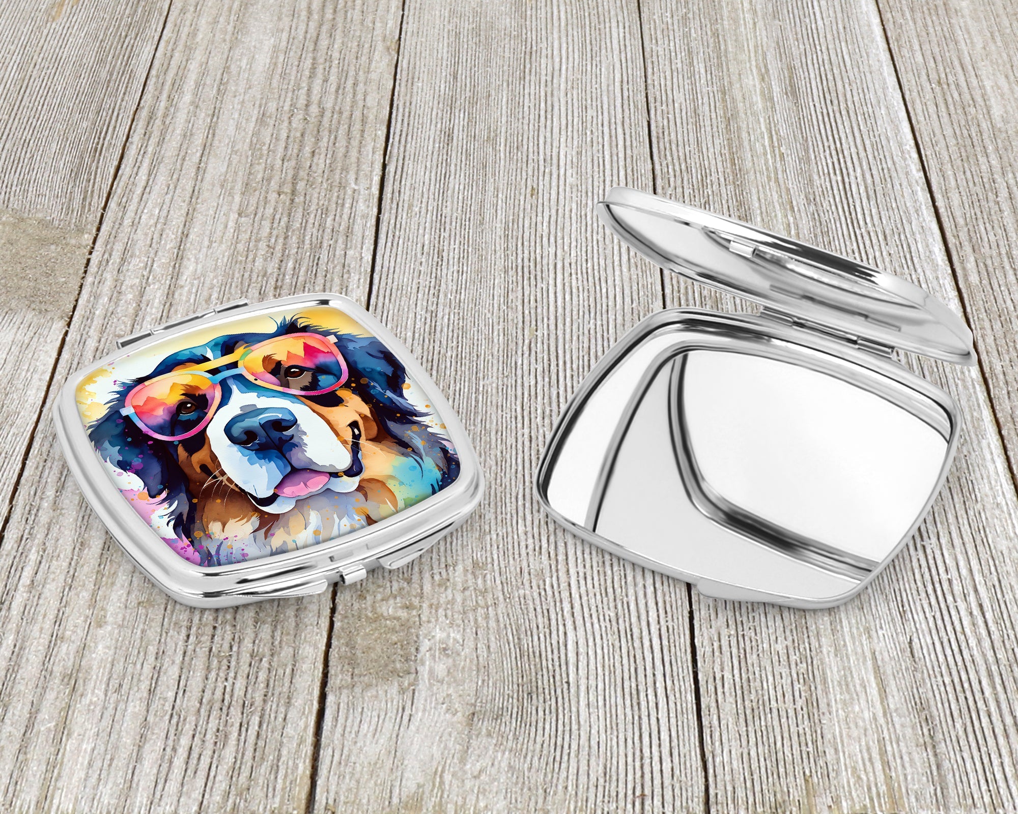 Bernese Mountain Dog Hippie Dawg Compact Mirror Decorative Travel Makeup Mirror for Women Girls Gifts Pocket Makeup Mirror Folding Handheld