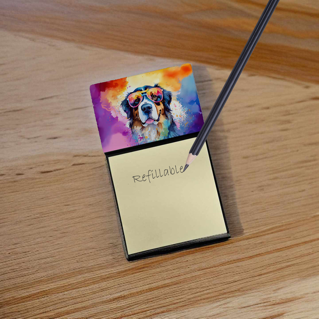 Bernese Mountain Dog Hippie Dawg Watercolor Sticky Note Holder Refillable Dispenser Desk Accessory 3x3 Pad Gift