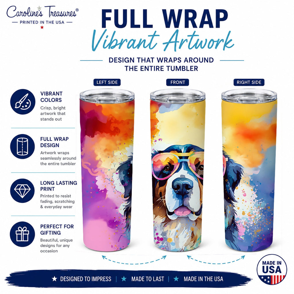 Bernese Mountain Dog Hippie Dawg Stainless Steel Skinny Tumbler 20 oz Vacuum Double Walled Reusable Insulated Travel Cup