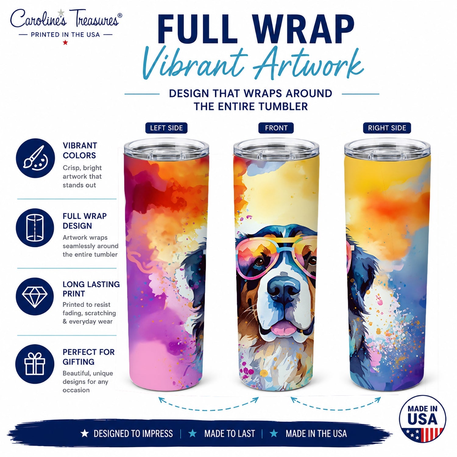 Bernese Mountain Dog Hippie Dawg Stainless Steel Skinny Tumbler 20 oz Vacuum Double Walled Reusable Insulated Travel Cup