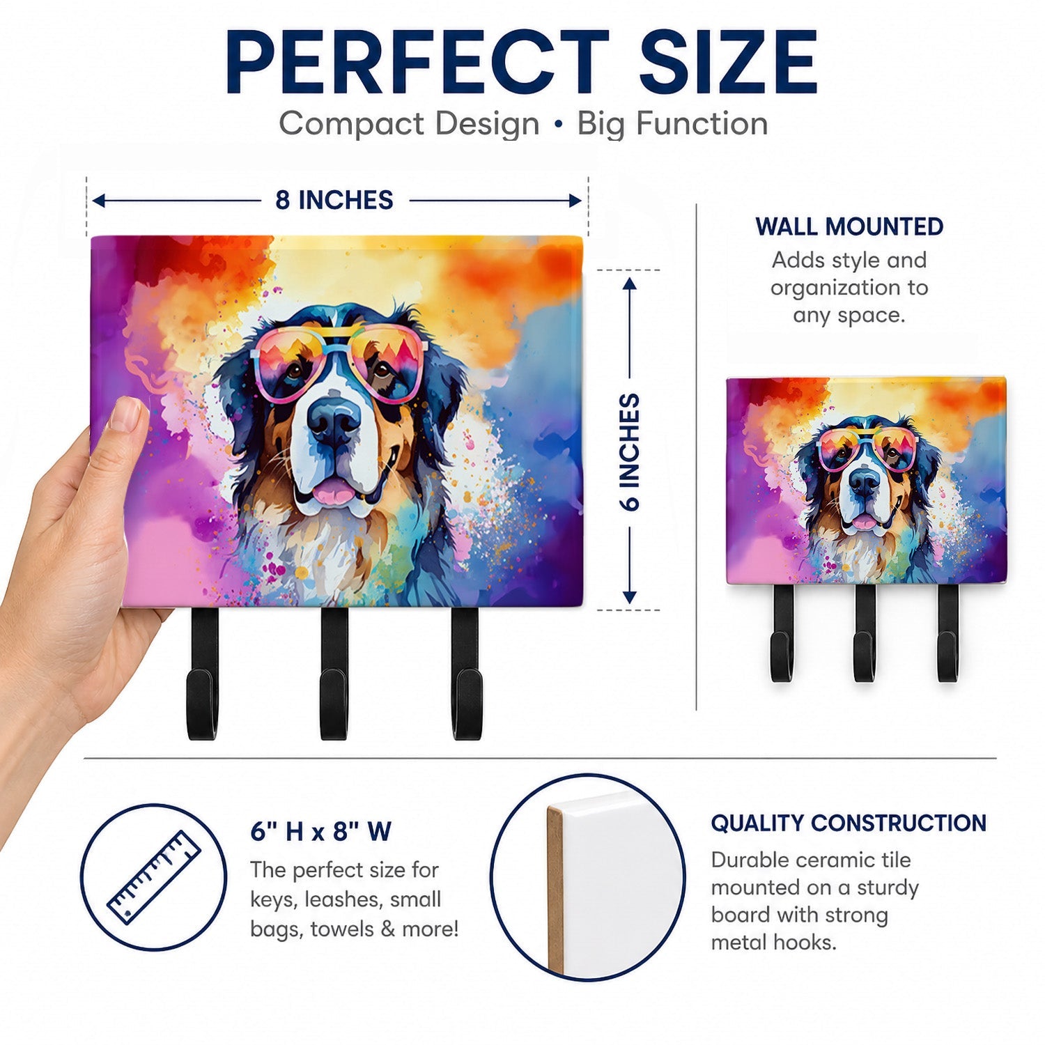 Bernese Mountain Dog Hippie Dawg Leash or Key Holder Wall Hooks, Coat Rack Wall Mount, for Hanging Keys, Towels, Aprons, Leashes