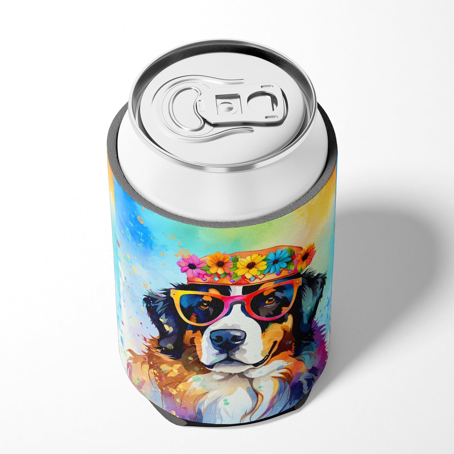 Bernese Mountain Dog Hippie Dawg Can or Bottle Hugger Cooler Sleeve for Standard 12 oz Cans, Insulated Foam Beer & Soda Can Hugger Reusable