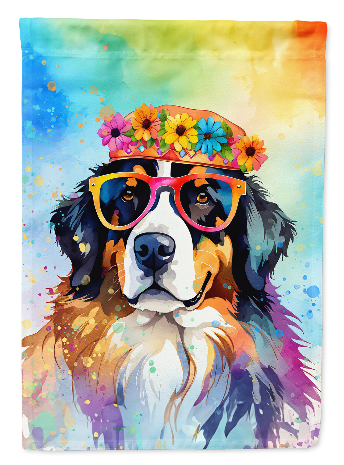 Bernese Mountain Dog Hippie Dawg House Flag 28x40 Porch Sleeve Pole Decorative Outside Yard Banner Artwork Wall Hanging, Polyester