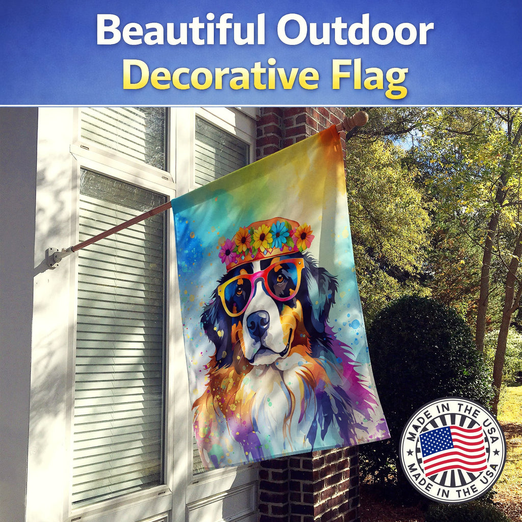 Bernese Mountain Dog Hippie Dawg House Flag 28x40 Porch Sleeve Pole Decorative Outside Yard Banner Artwork Wall Hanging, Polyester