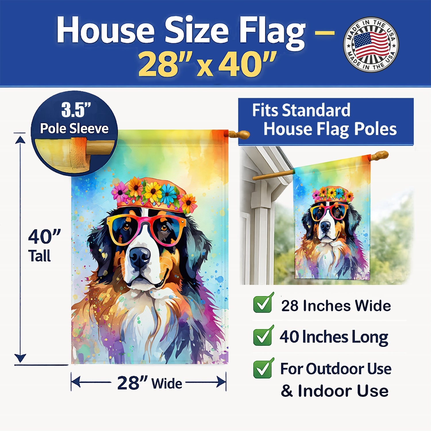 Bernese Mountain Dog Hippie Dawg House Flag 28x40 Porch Sleeve Pole Decorative Outside Yard Banner Artwork Wall Hanging, Polyester