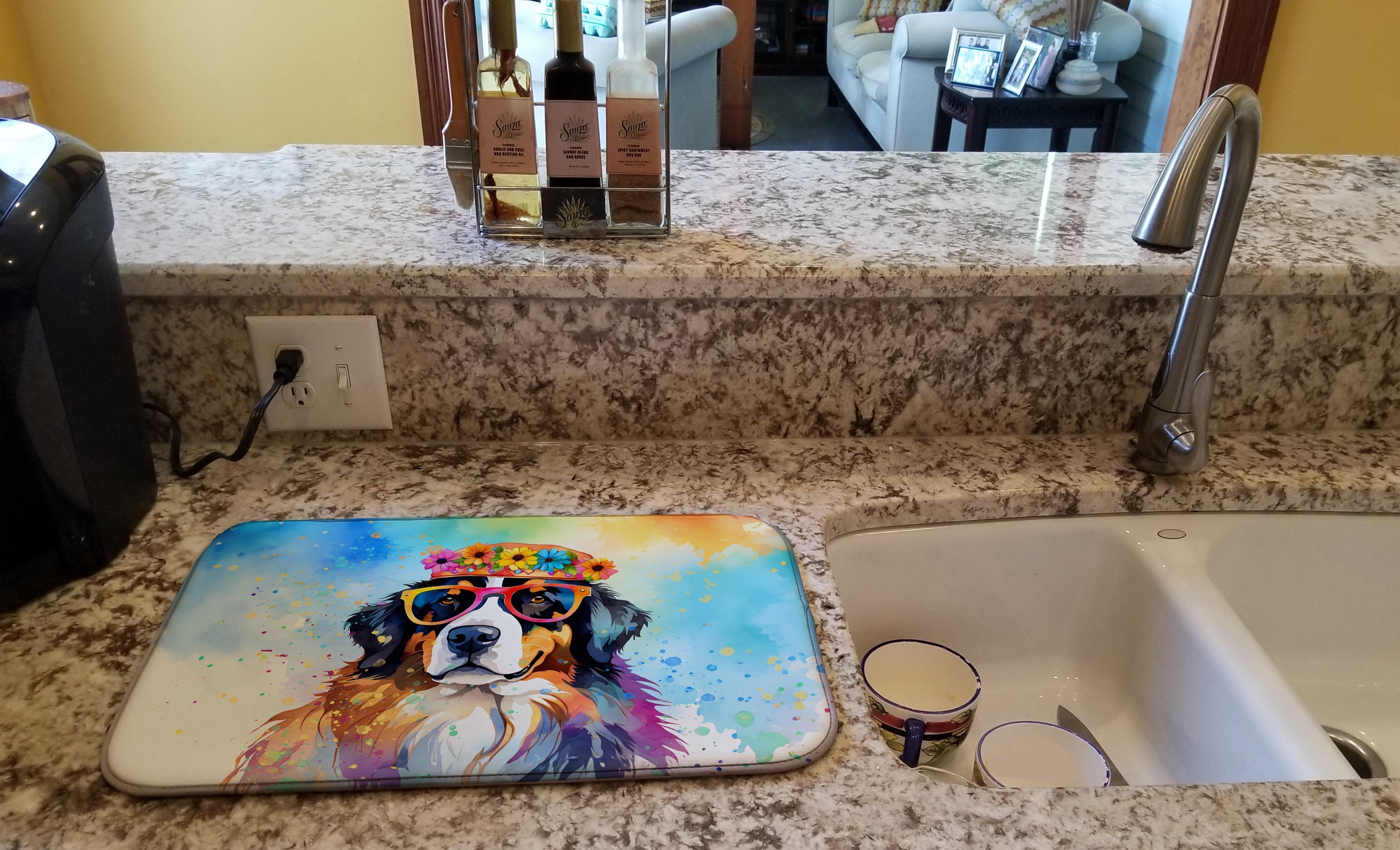 Bernese Mountain Dog Hippie Dawg Dish Drying Mat Absorbent Dish Drying Mat Pad for Kitchen Counter Dish Drainer Mat for Countertop, 14 x 21", Multicolor