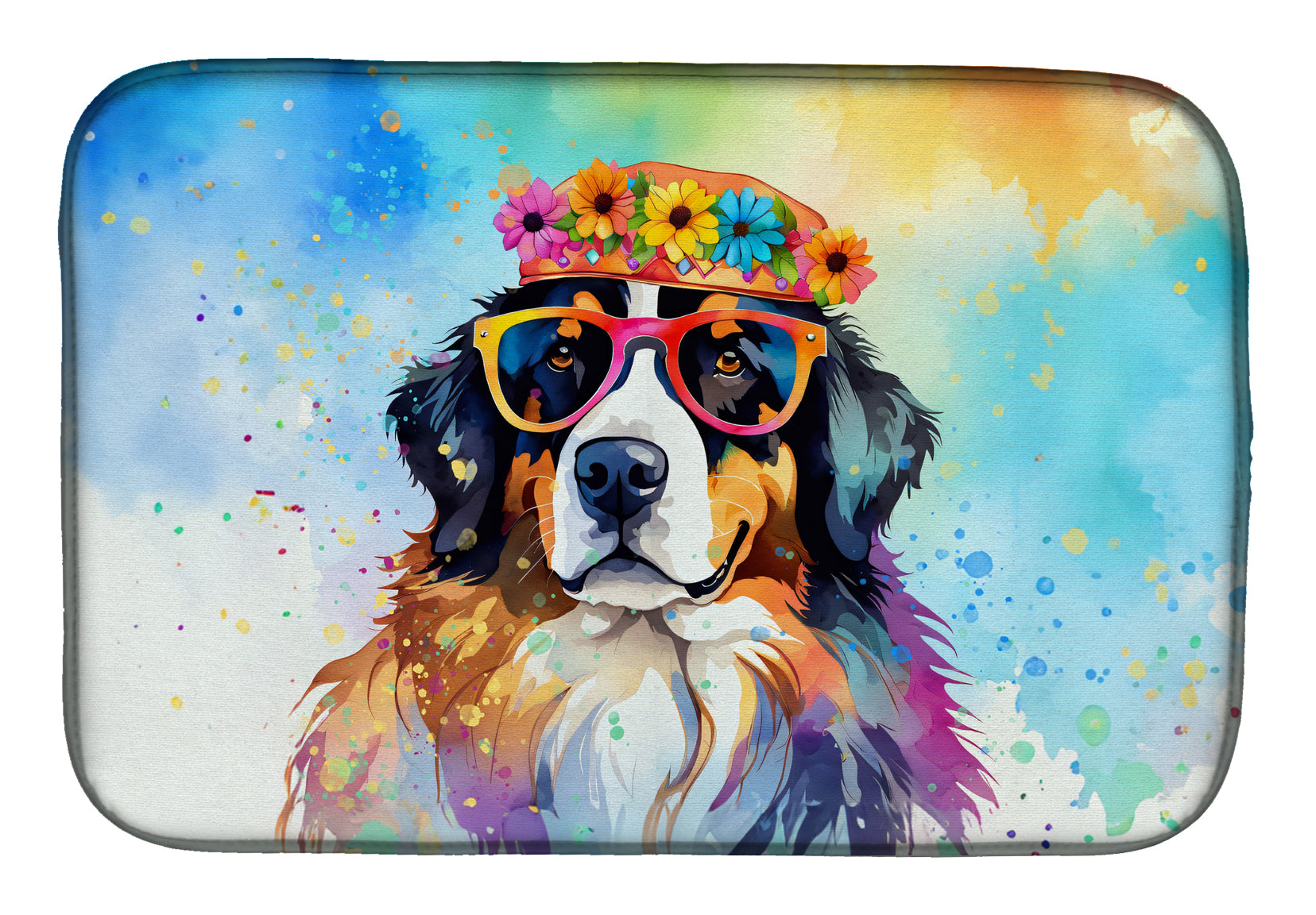 Bernese Mountain Dog Hippie Dawg Dish Drying Mat Absorbent Dish Drying Mat Pad for Kitchen Counter Dish Drainer Mat for Countertop, 14 x 21", Multicolor