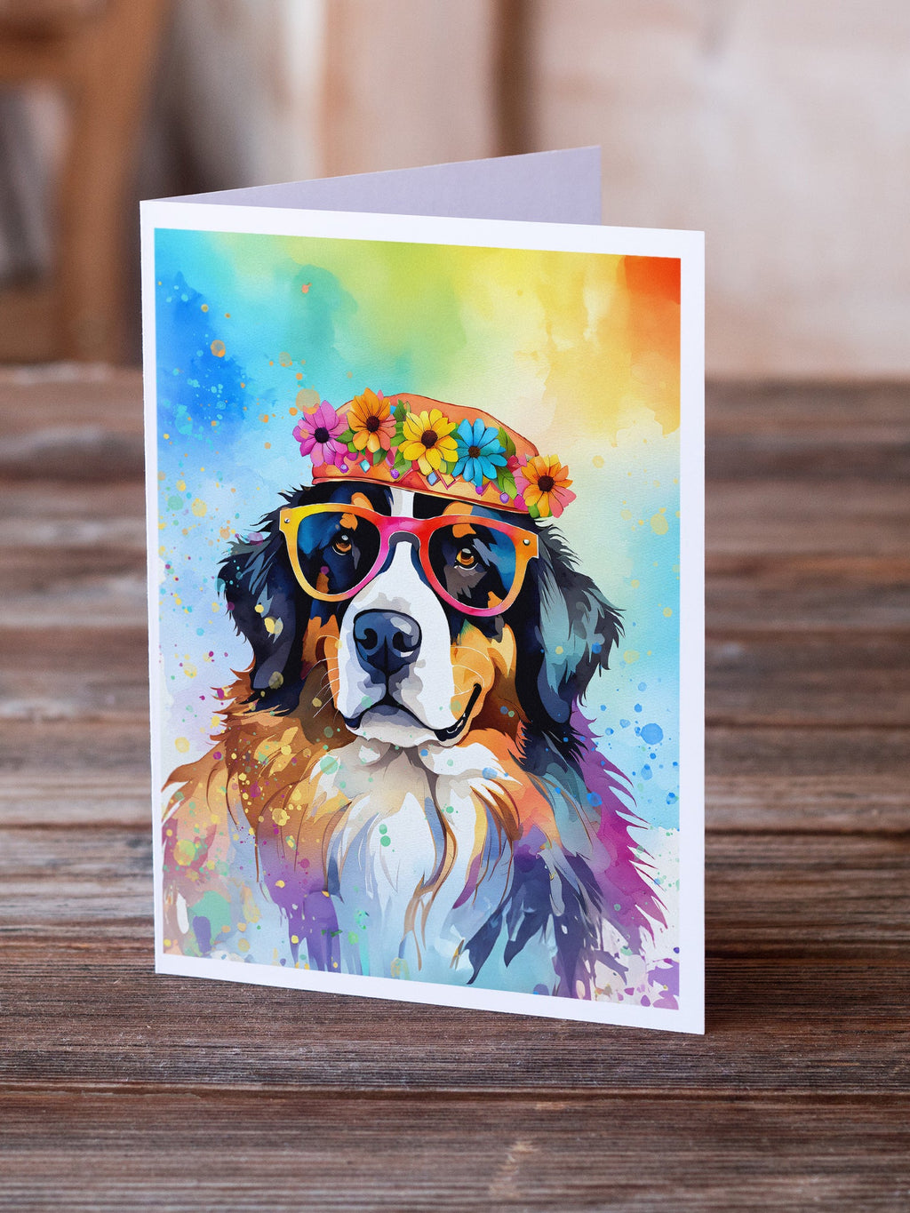 Bernese Mountain Dog Hippie Dawg Greeting Cards Pack of 8 Blank Cards with Envelopes Whimsical A7 Size 5x7