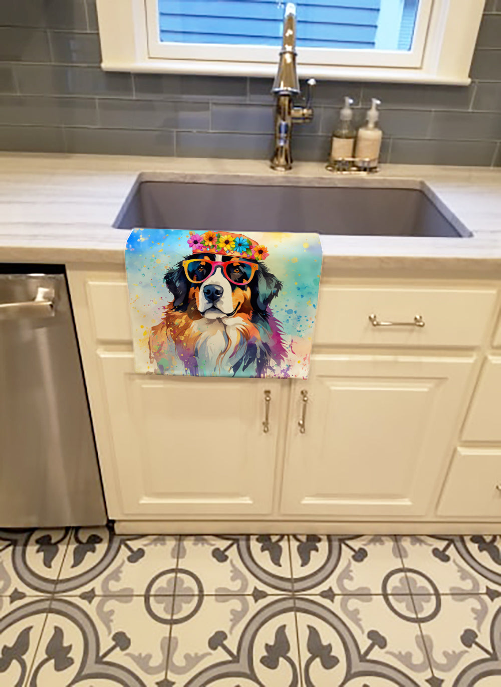 Bernese Mountain Dog Hippie Dawg Kitchen Towel Velour Plush Front and Cotton Loop Back Machine Washable