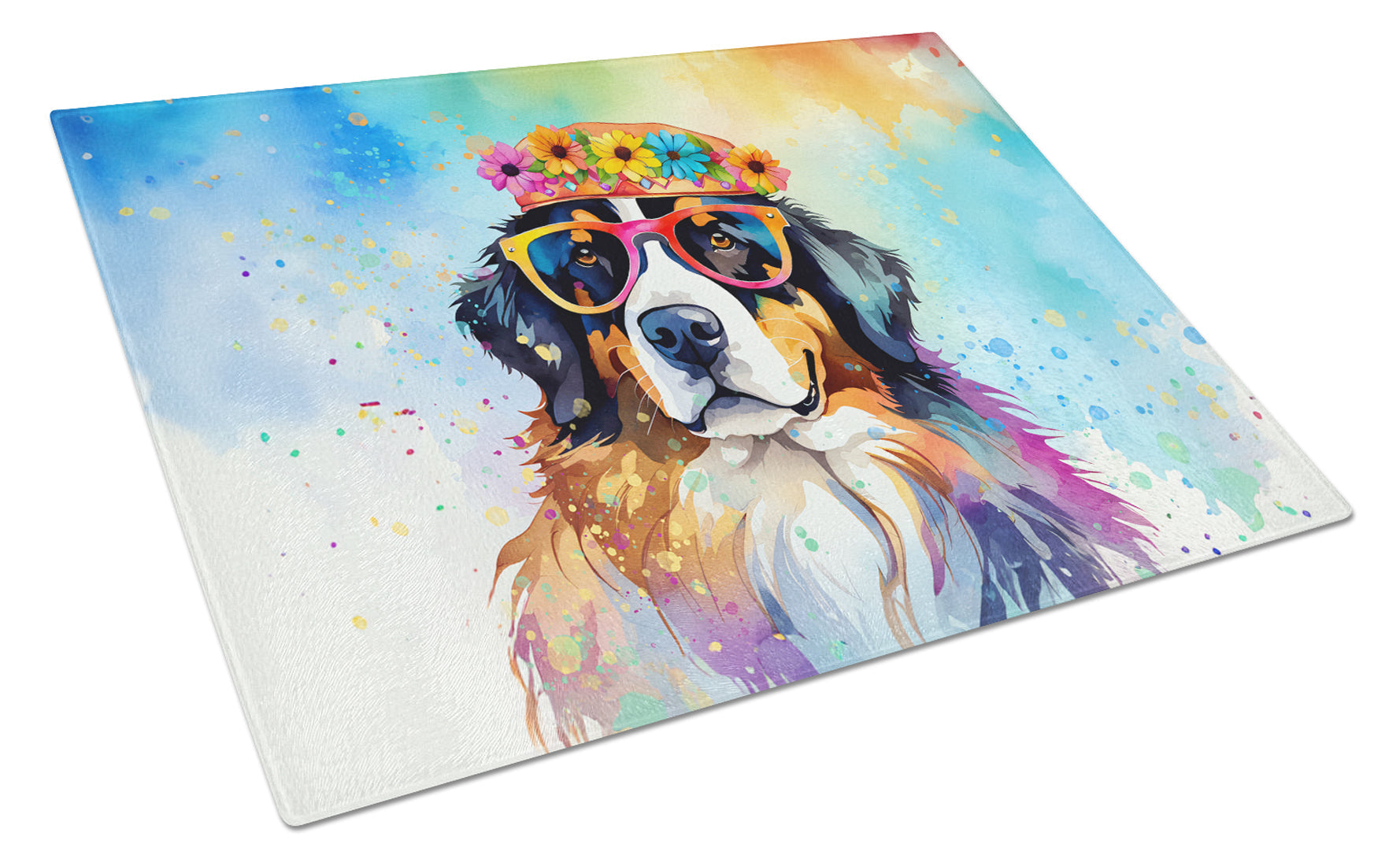 Bernese Mountain Dog Hippie Dawg Cutting Board Tempered Glass Kitchen Cutting Surface, Heat Resistant Chopping, Non-Slip Feet, Food Prep & Serving
